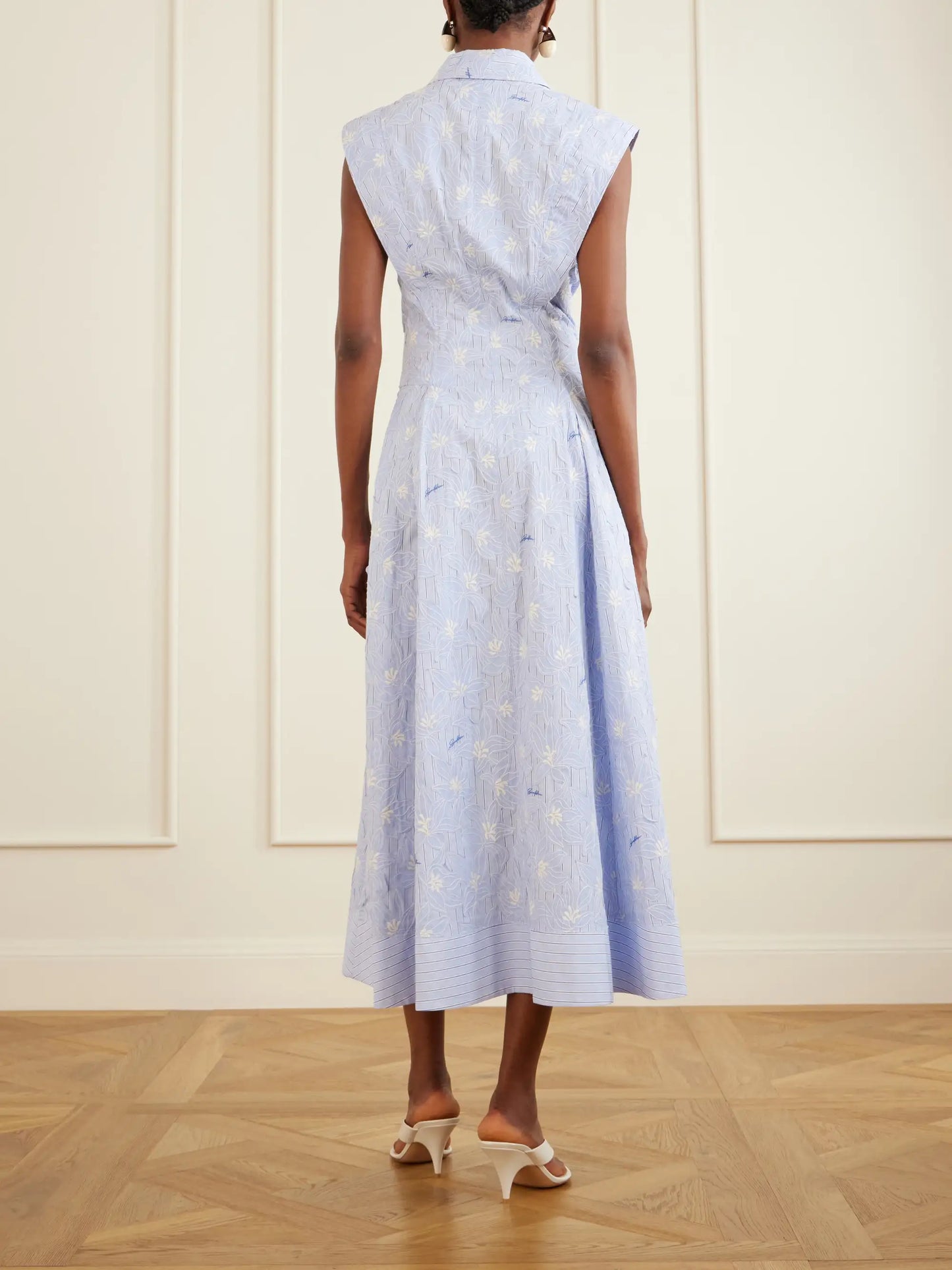 Neri Embroidered Striped Cotton-poplin Midi Dress