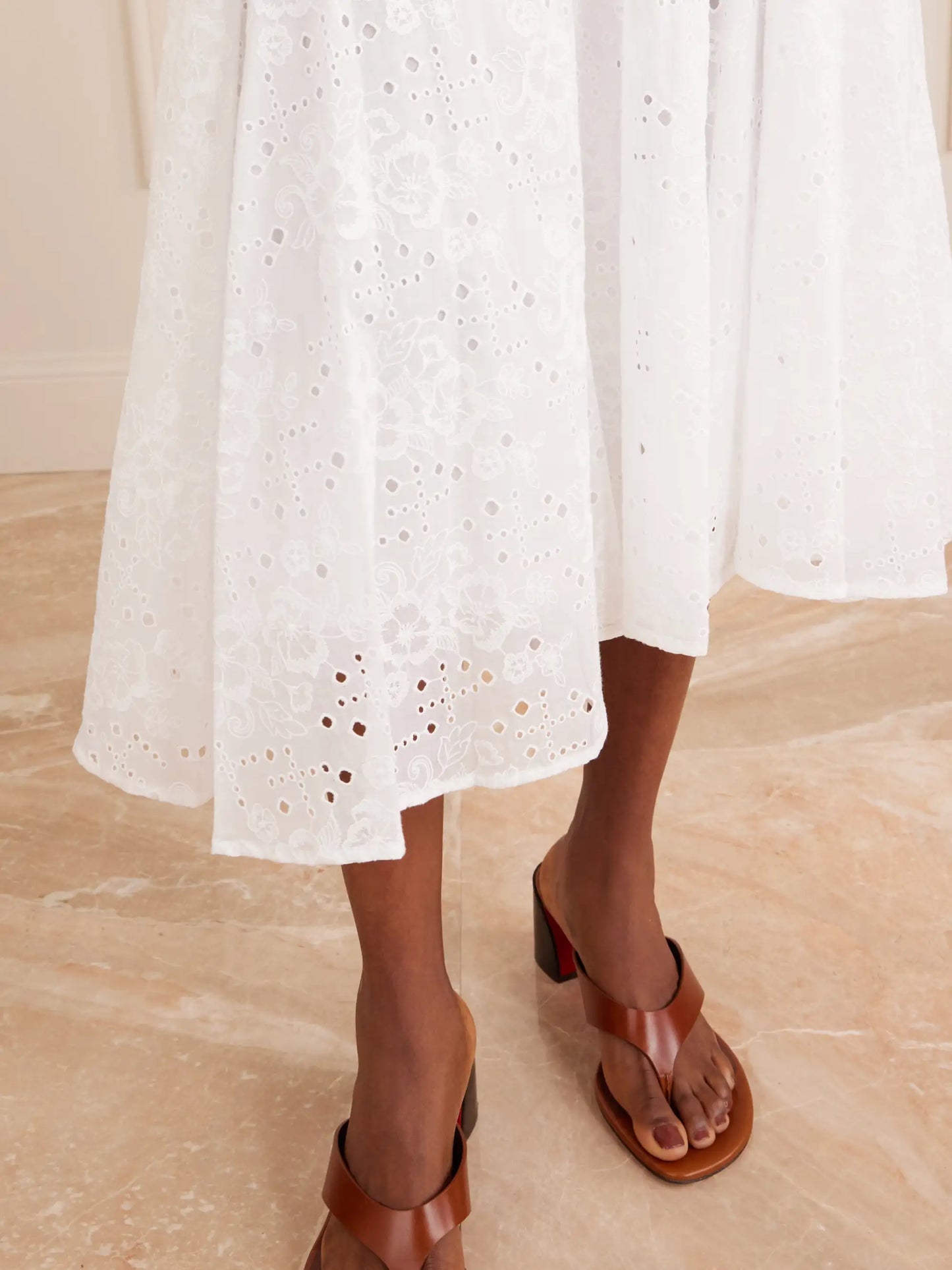 Pleated Broderie Anglaise Cotton Midi Skirt