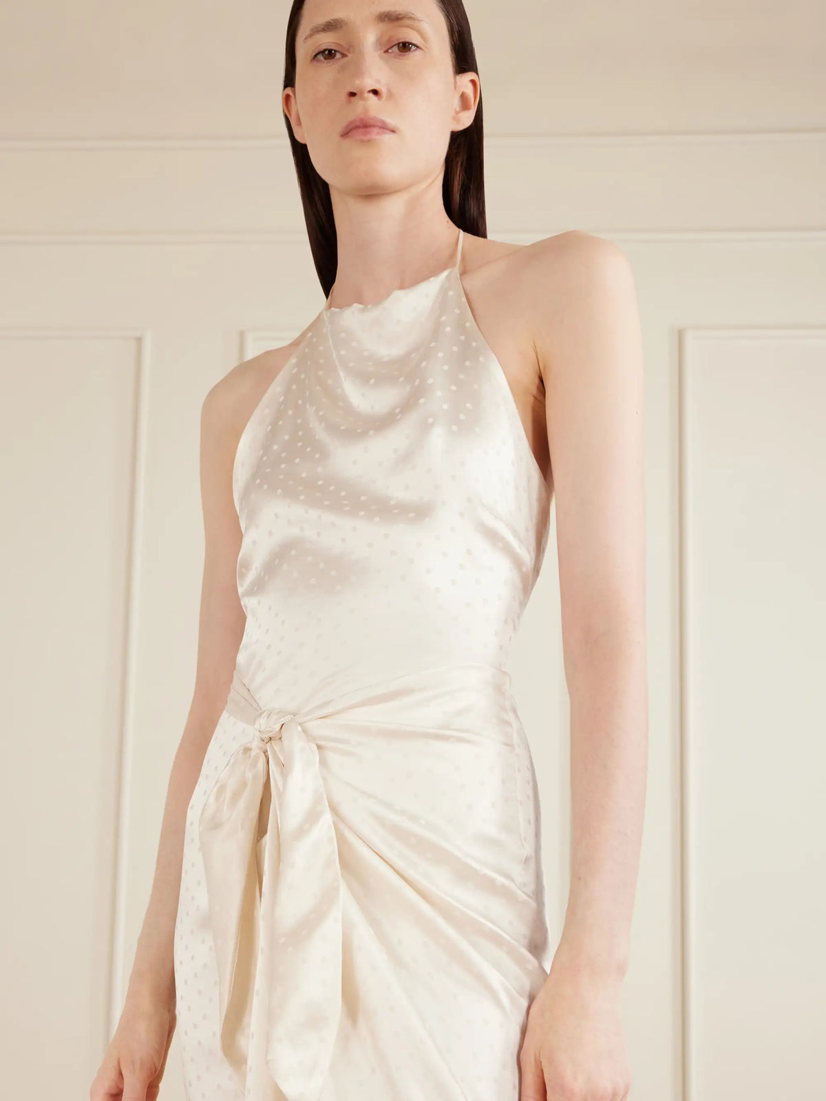 AFLALO Nourin Polka-dot Knotted Satin-jacquard Halterneck Maxi Dress