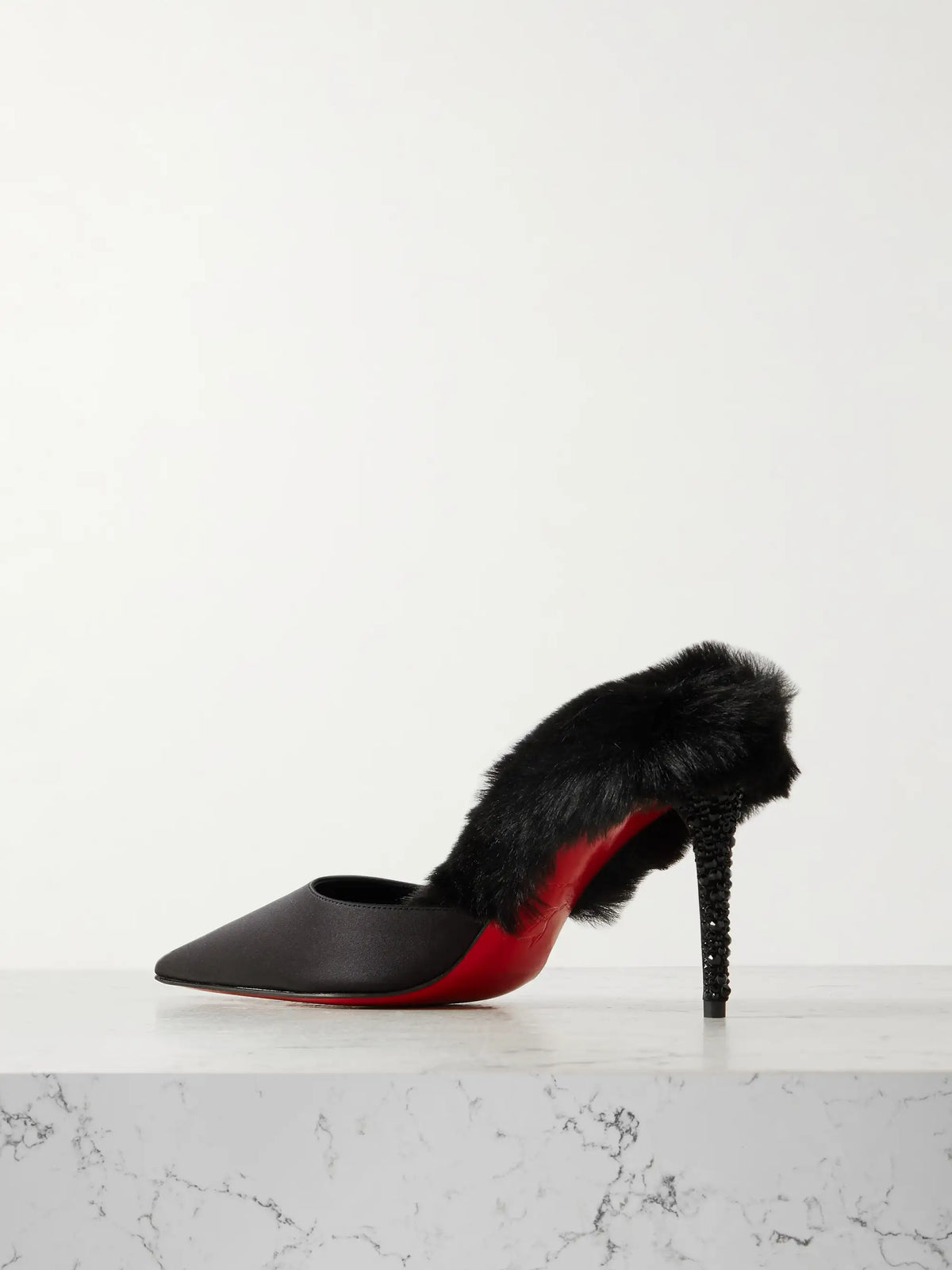 Plush-trimmed Satin Mules