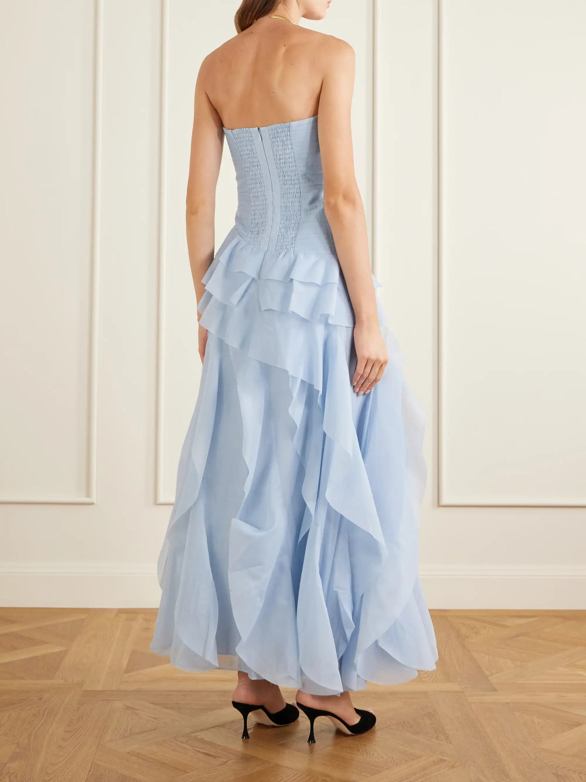 Aje Canyon Strapless Appliquéd Ruffled Pleated Chiffon Gown