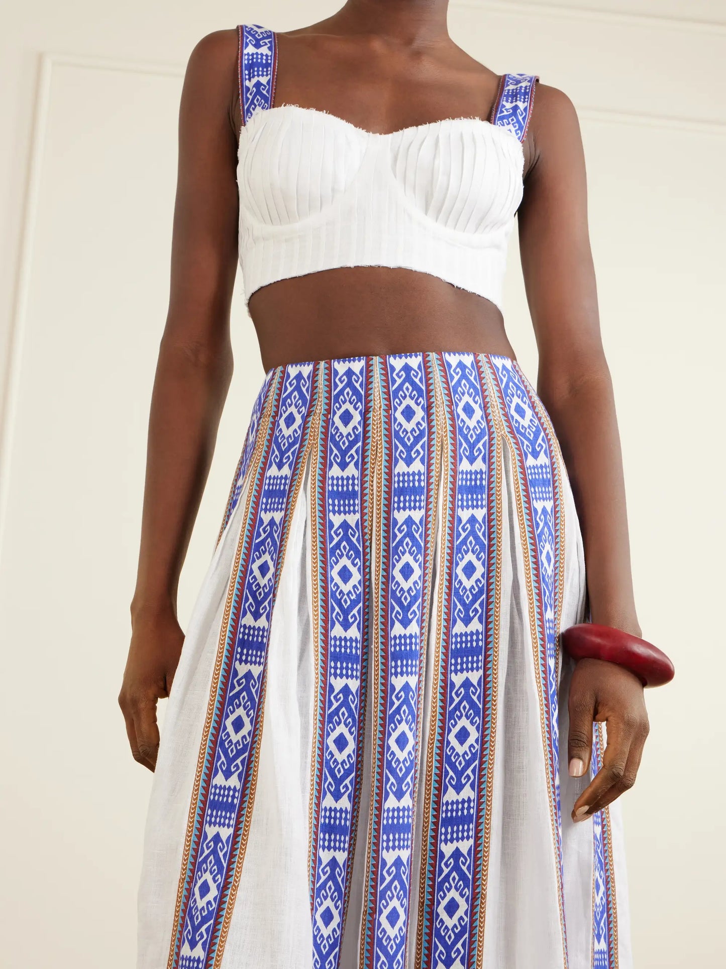 Aurelia Pleated Printed Linen Midi Skirt