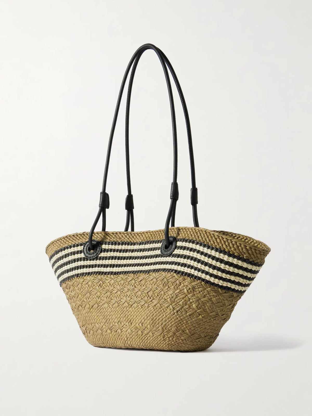 + Paula's Ibiza Anagram Basket Small Leather-trimmed Striped Raffia Tote