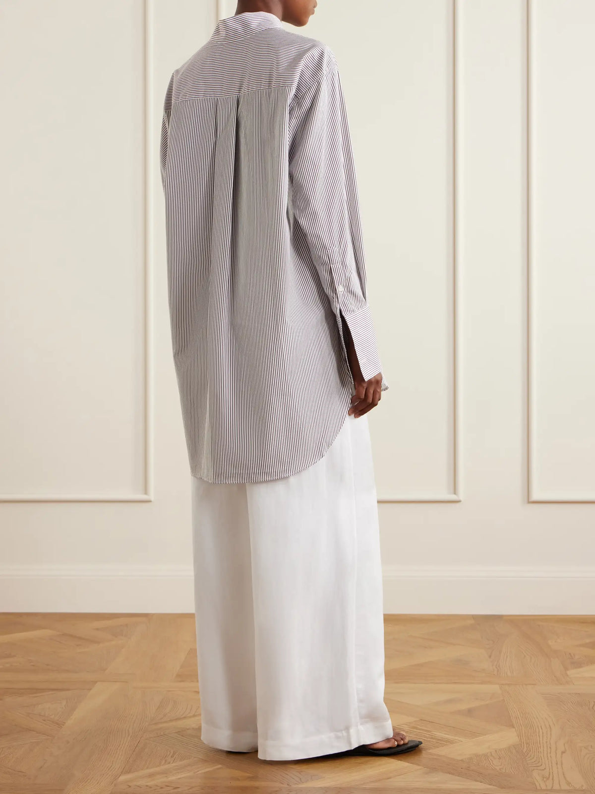 Mandarin-collar Striped Cotton-poplin Tunic