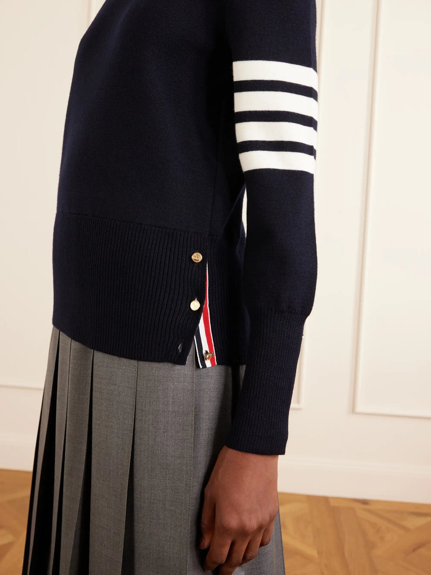 Grosgrain-trimmed Striped Wool Sweater