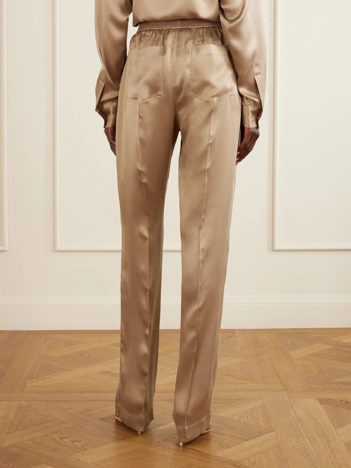 Logo-embroidered Velvet-trimmed Silk-satin Straight-leg Pants