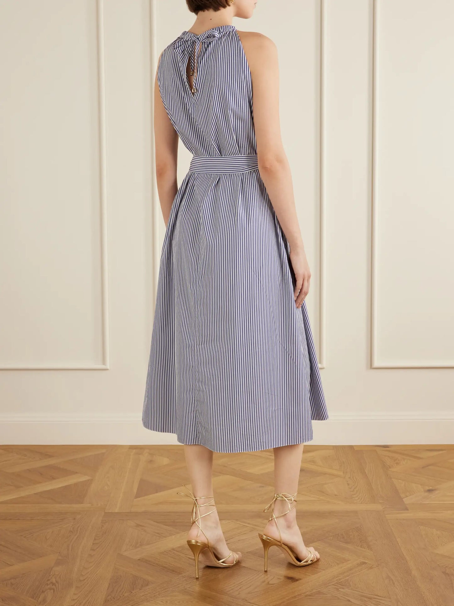 Belted Striped Embroidered Cotton-poplin Halterneck Midi Dress