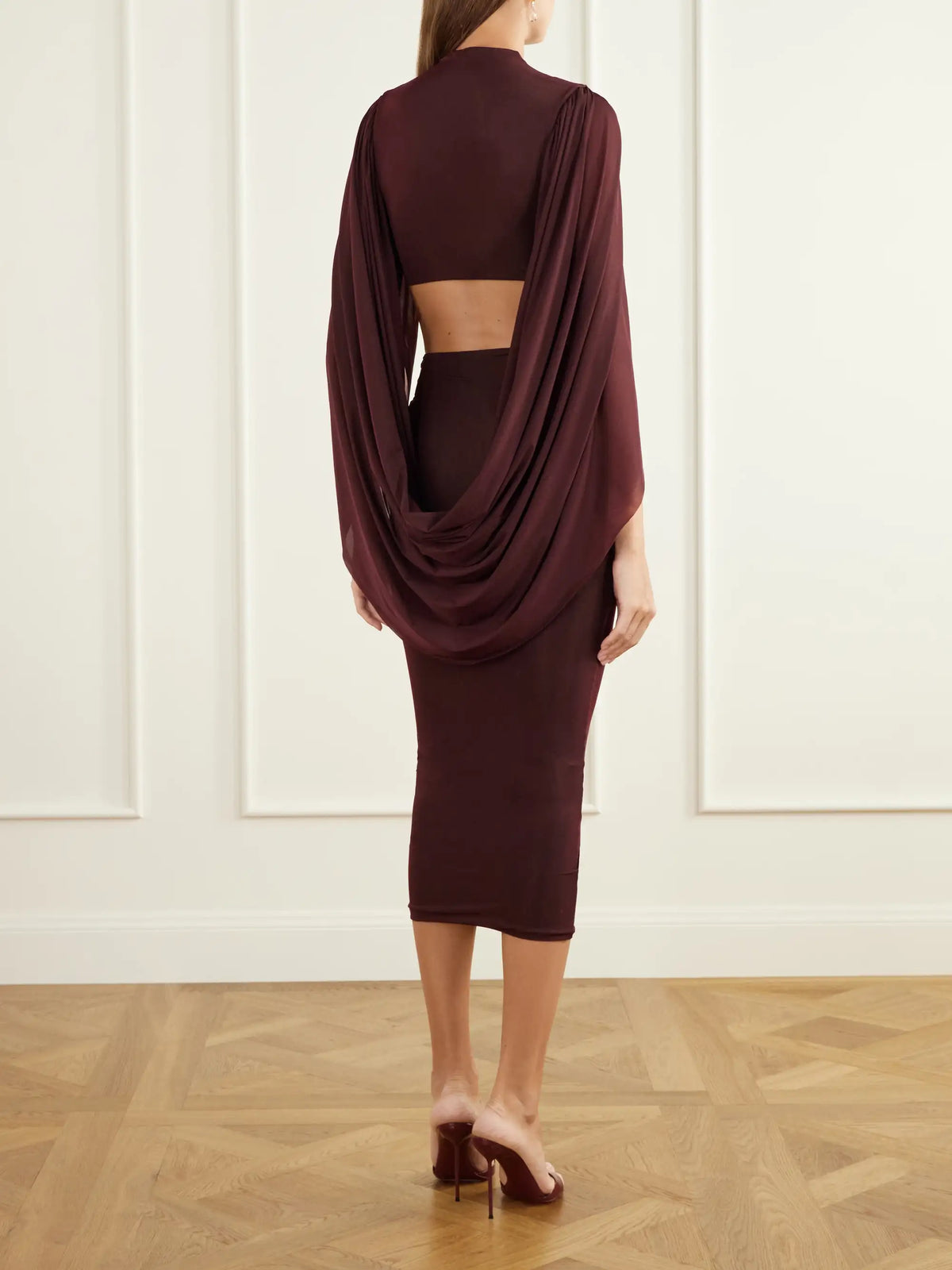 Maygel Coronel Apertura Cape-effect Chiffon-trimmed Jersey Top And Skirt Set