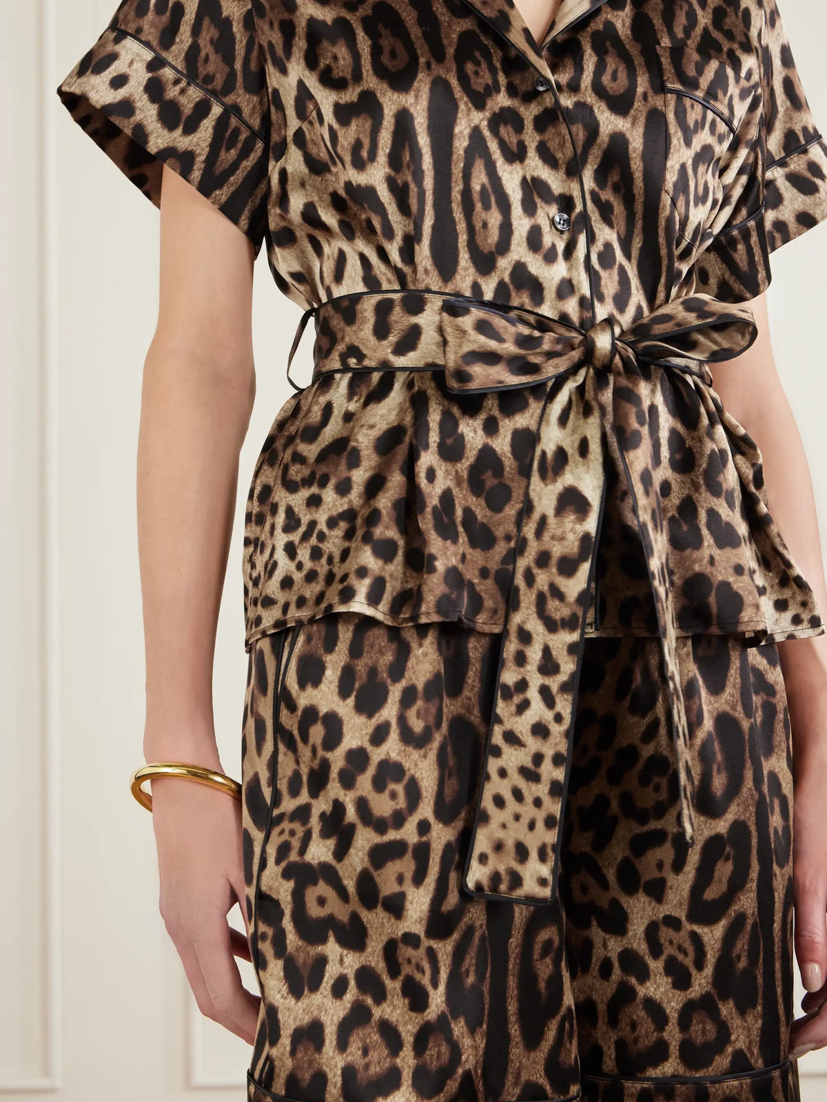 Dolce & Gabbana Belted Piped Leopard Print Silk-blend Satin Shirt