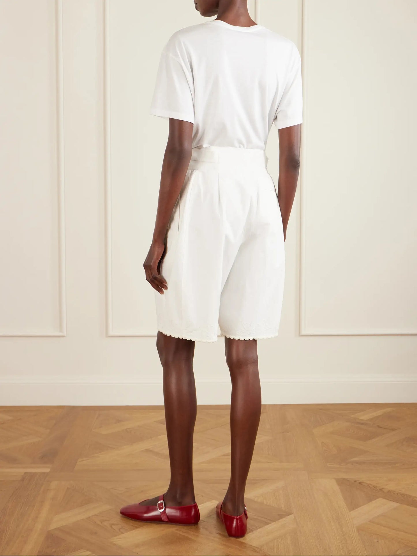 Closerie Belted Scalloped Embroidered Cotton-poplin Shorts