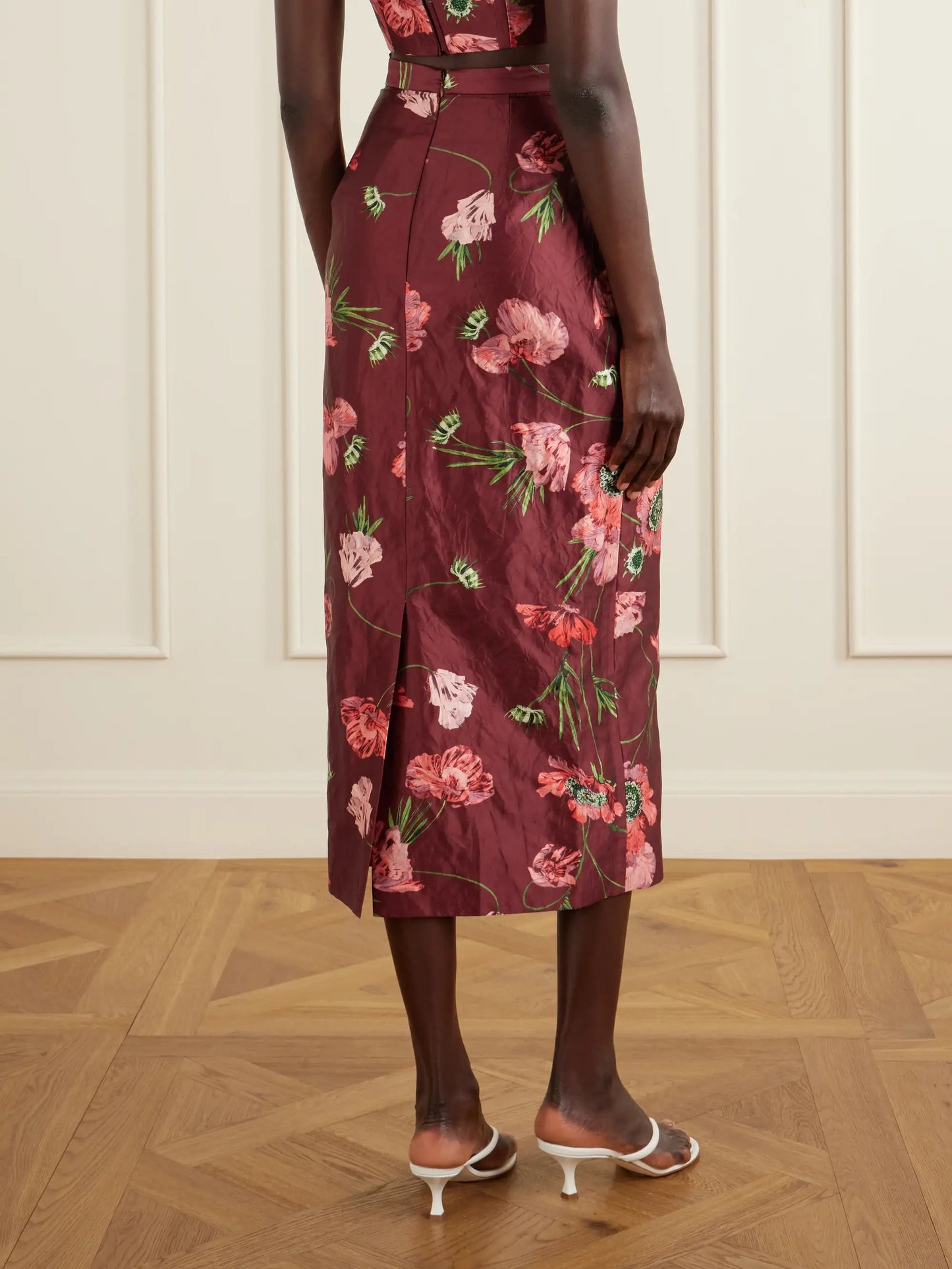 Floral-printed Satin Midi Pencil Skirt