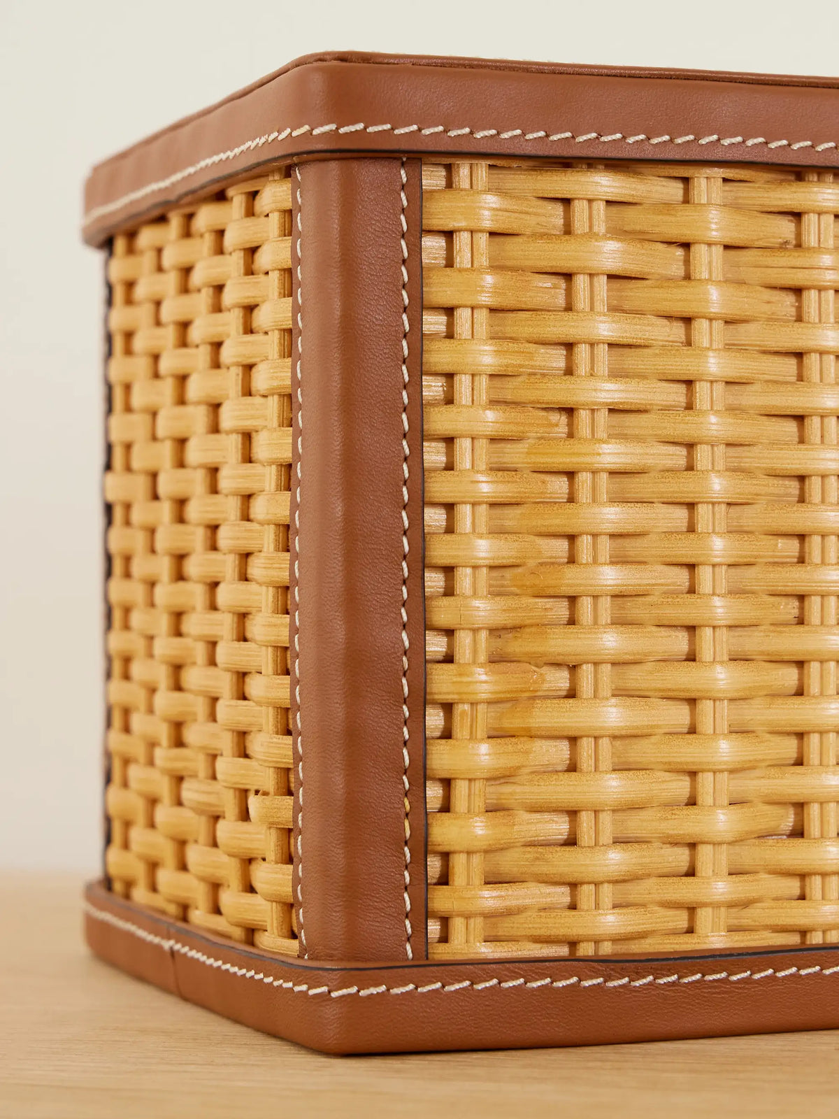 Bailey Leather-trimmed Rattan-woven Tissue Box