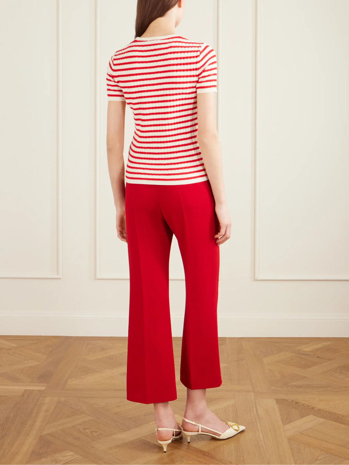 Valentino Garavani Embellished Striped Ribbed Cotton T-shirt