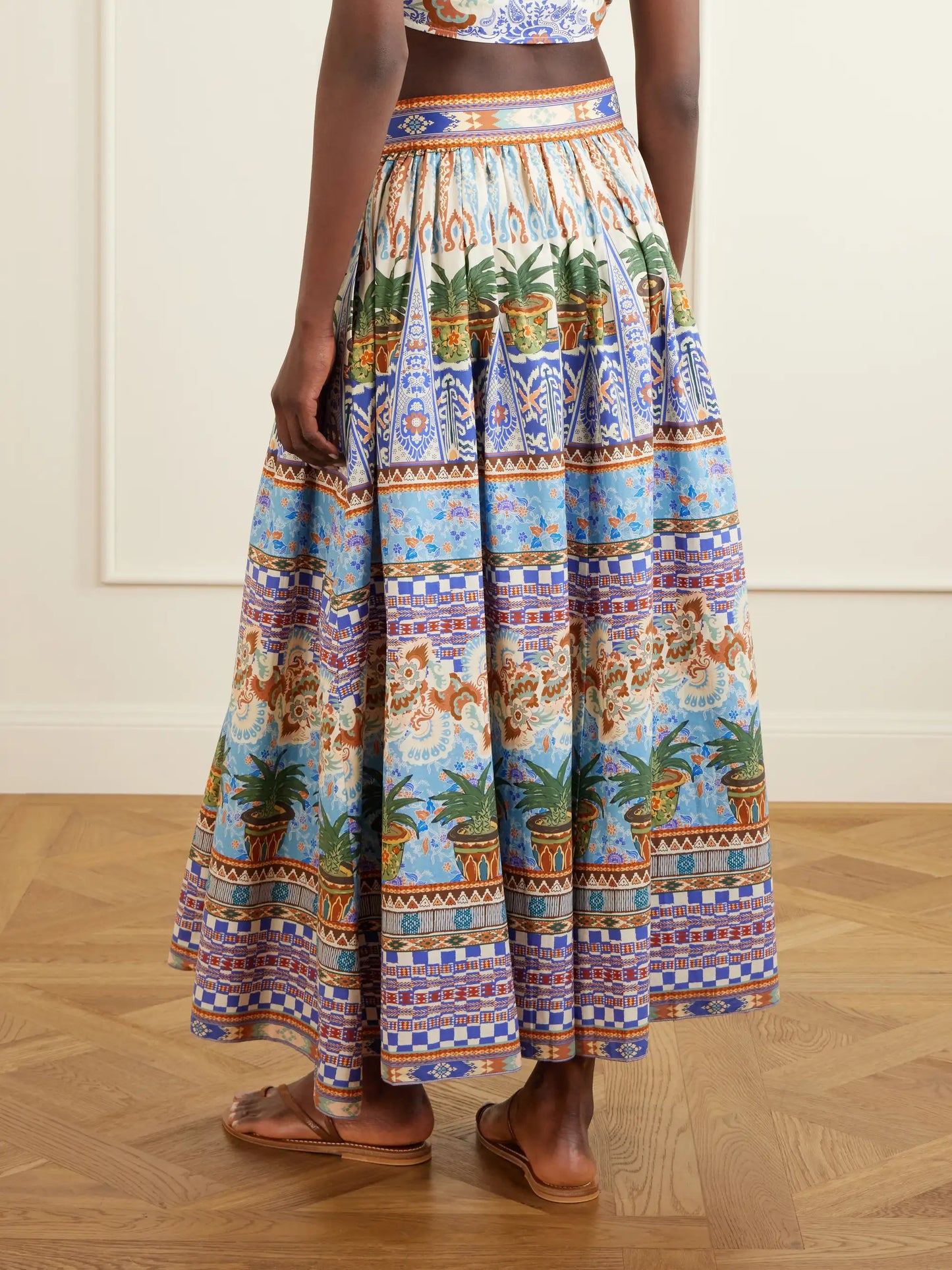 Ombretta Pleated Printed Cotton Midi Skirt