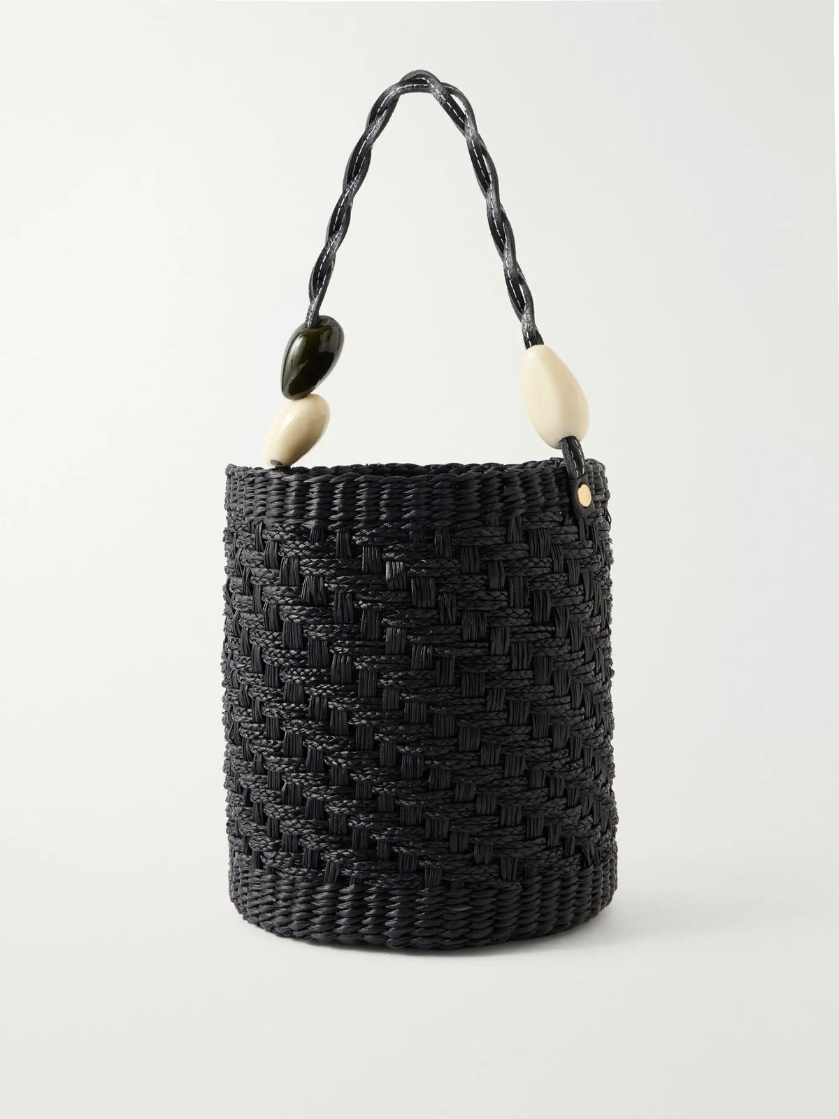 Embellished Leather-trimmed Straw Bucket Bag