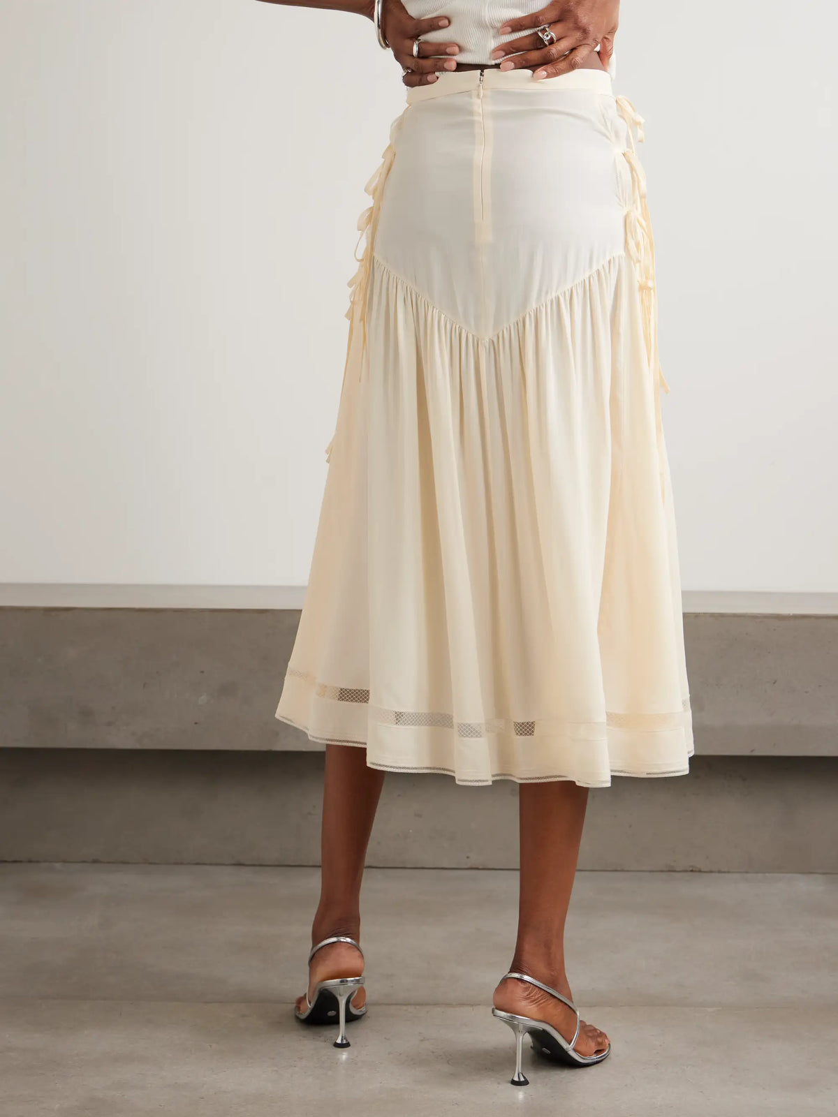 Tie-detailed Pleated Crepe Midi Skirt