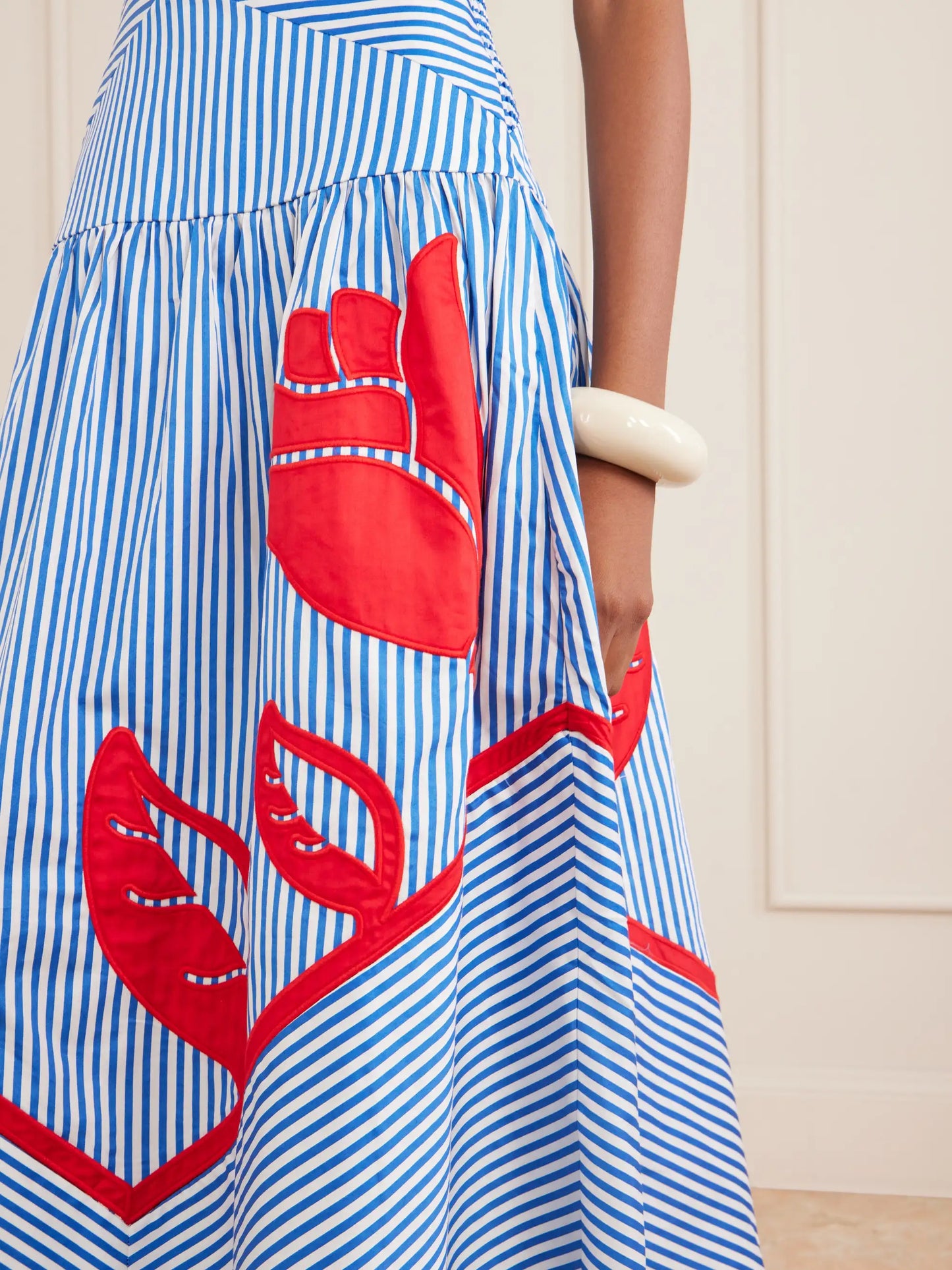 Sky Striped Embroidered Cotton Poplin Midi Dress
