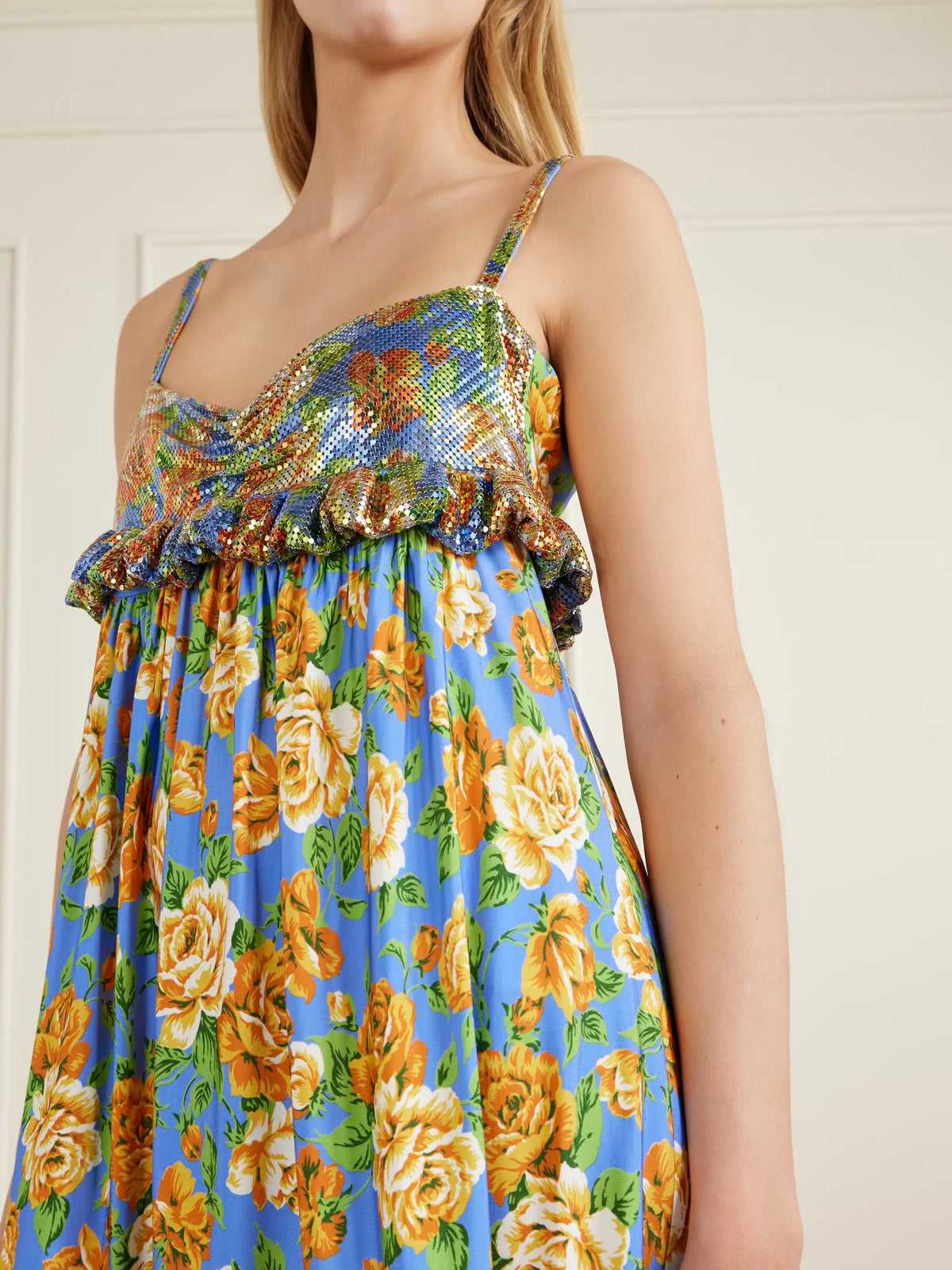 Embellished Ruffled Floral-print Jersey Mini Dress