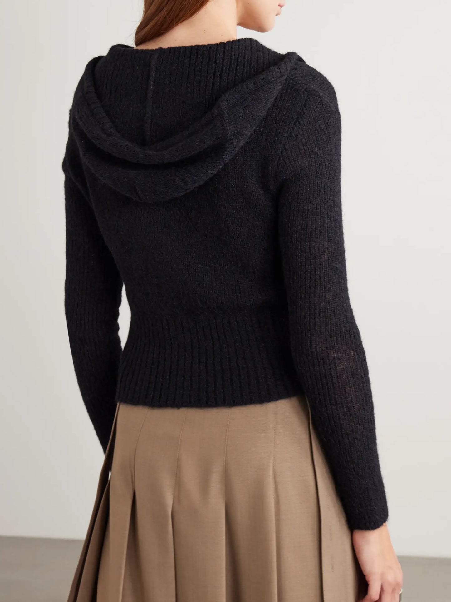 Compact Hooded Ribbed Brushed Alpaca-blend Cardigan