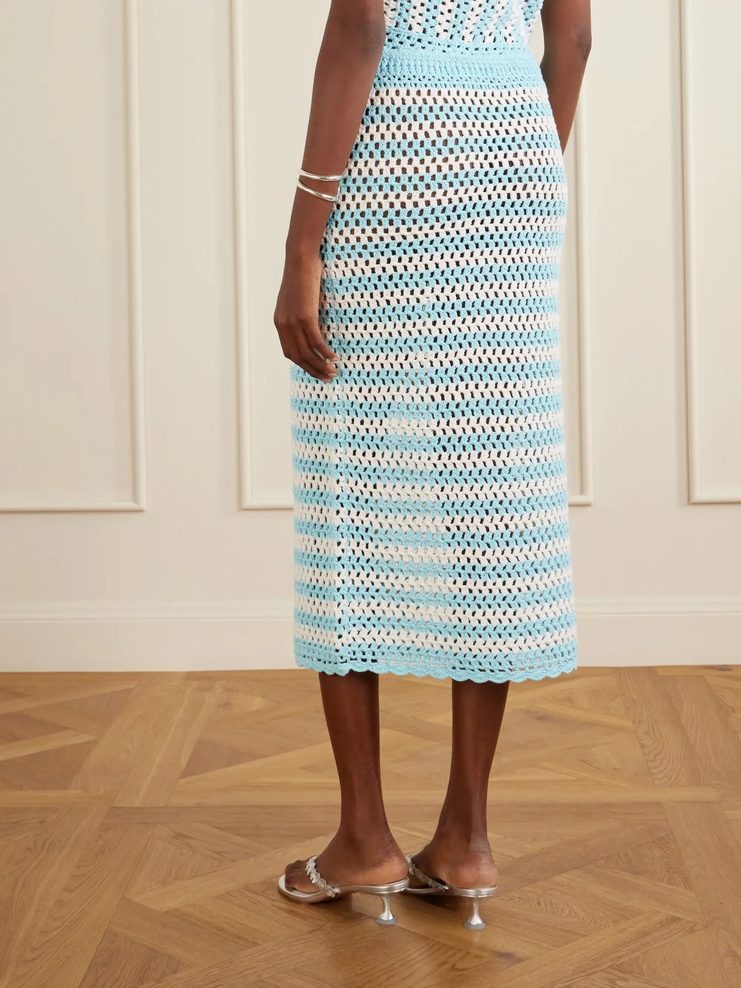 Welles Striped Crocheted Cotton Midi Skirt