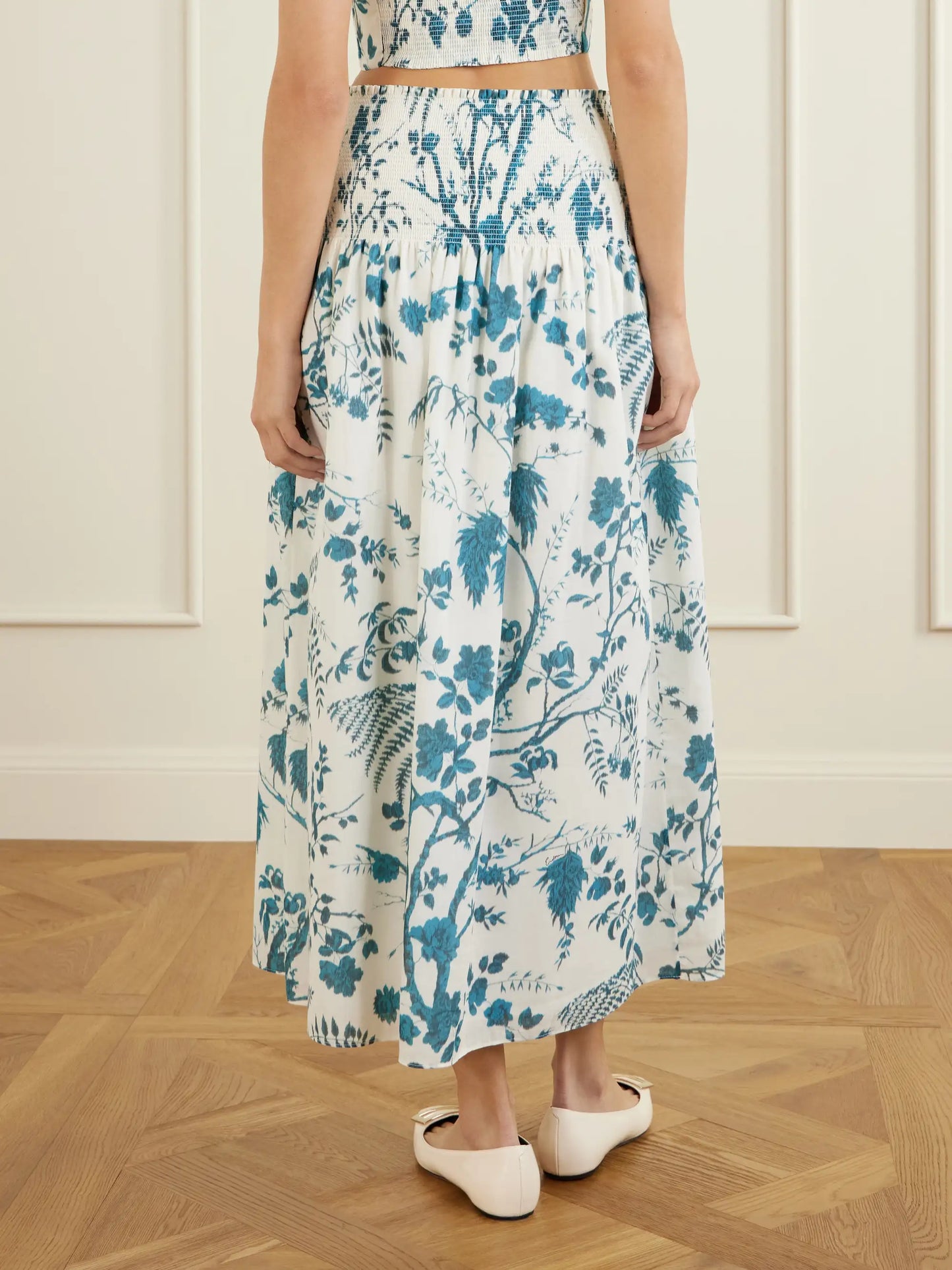 Shirred Floral-print Cotton And Linen-blend Midi Skirt
