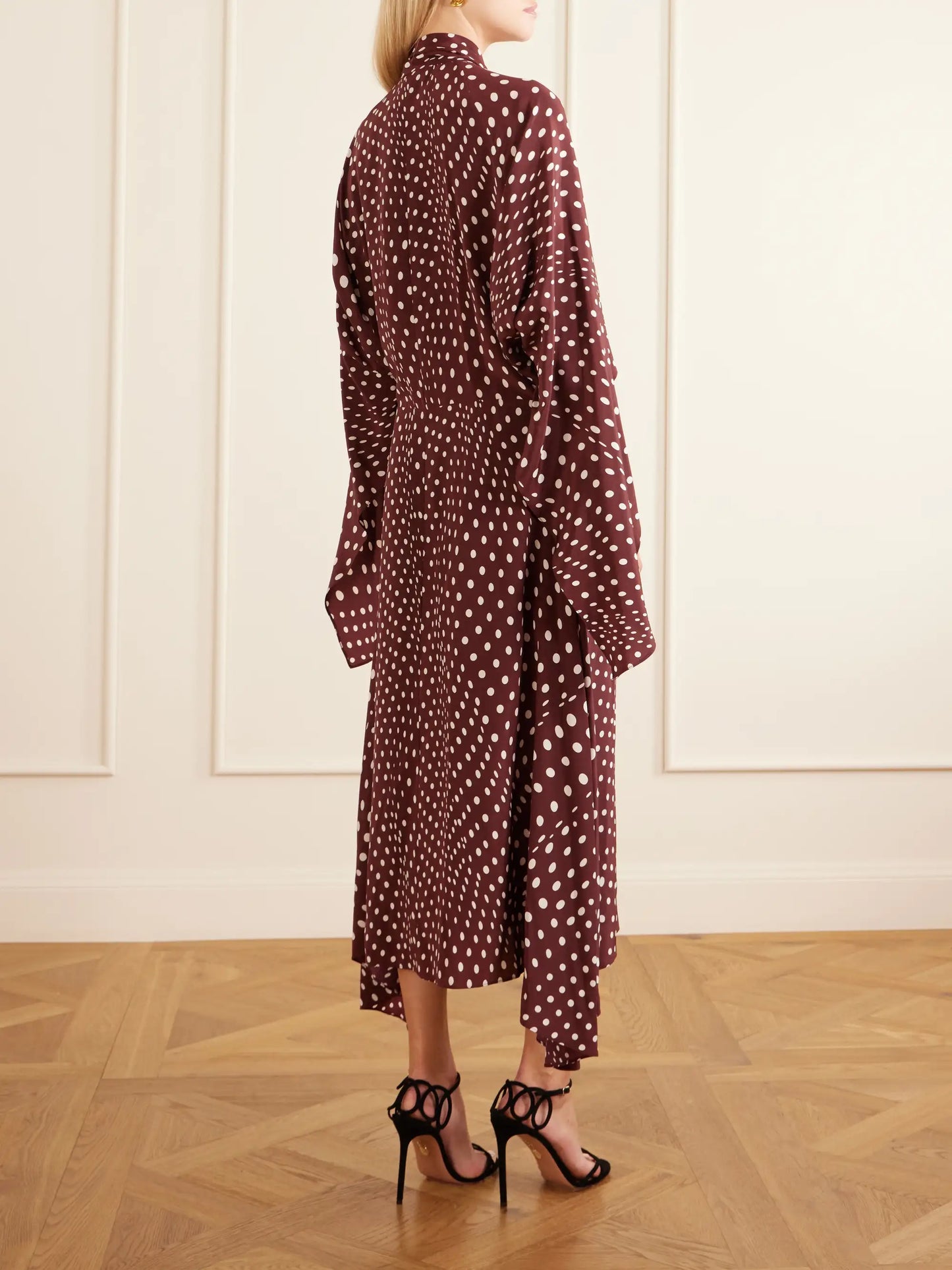 Tie-detailed Draped Polka-dot Silk Midi Dress