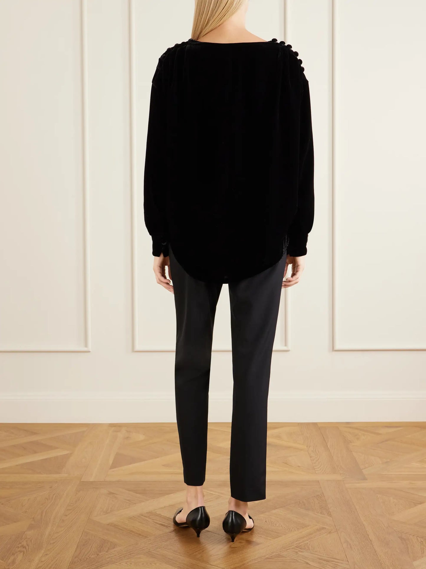 Ruched Button-embellished Velvet Blouse