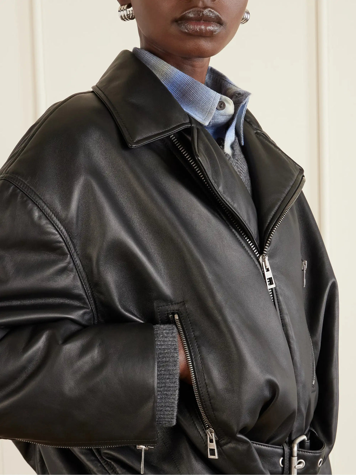 Cropped Buckled Leather Biker Jacket