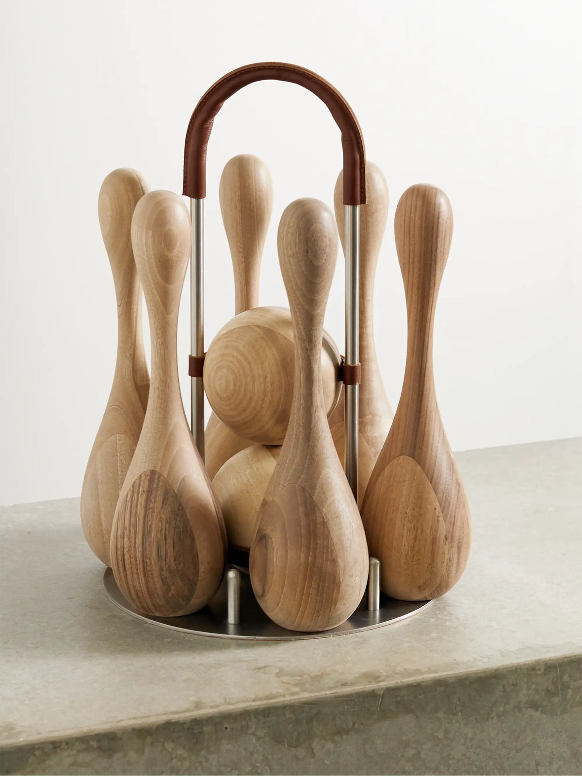 Leather-trimmed Wood Skittles Set