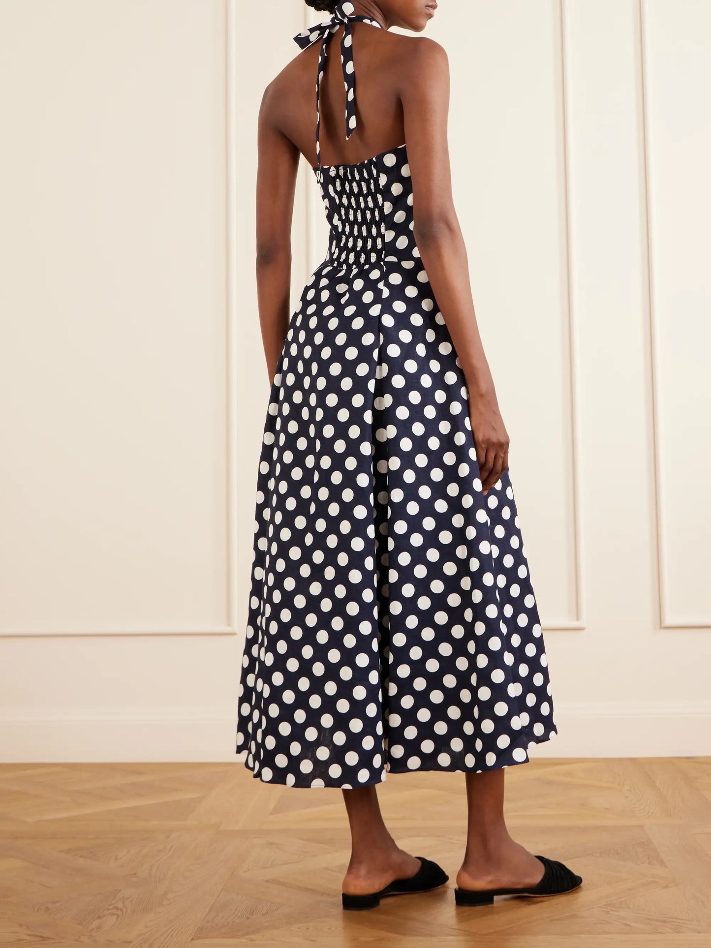 Murano Polka-dot Linen Halterneck Midi Dress
