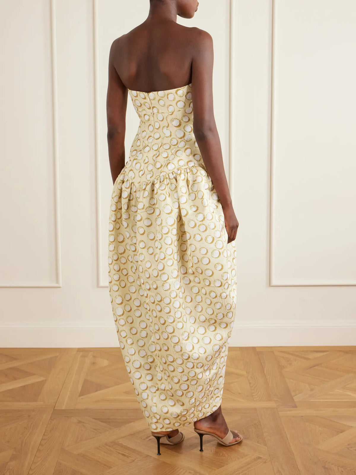 Paula Ruched Printed Brocade Gown
