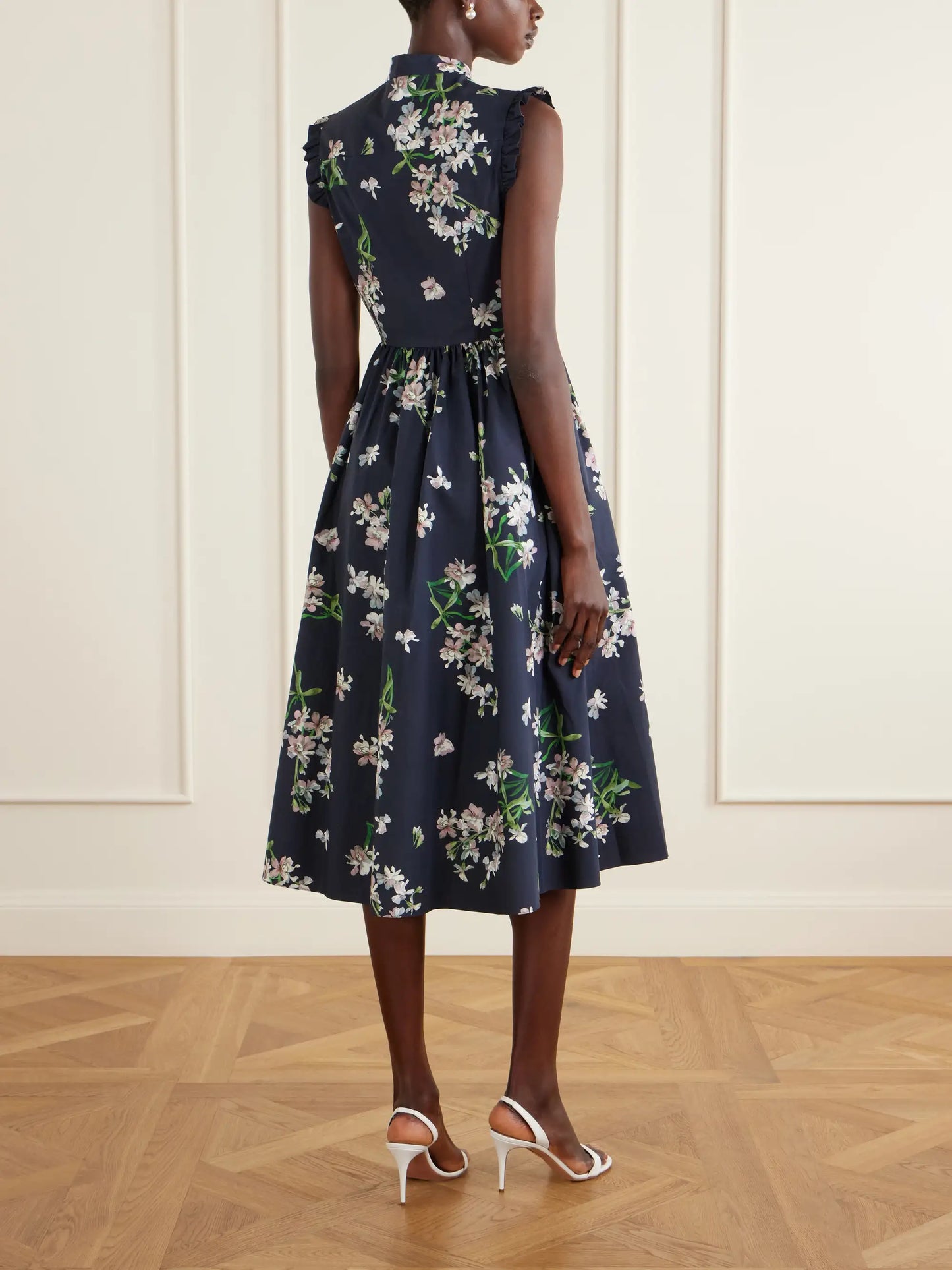 Pleated Ruffled Floral-print Cotton-poplin Midi Dress