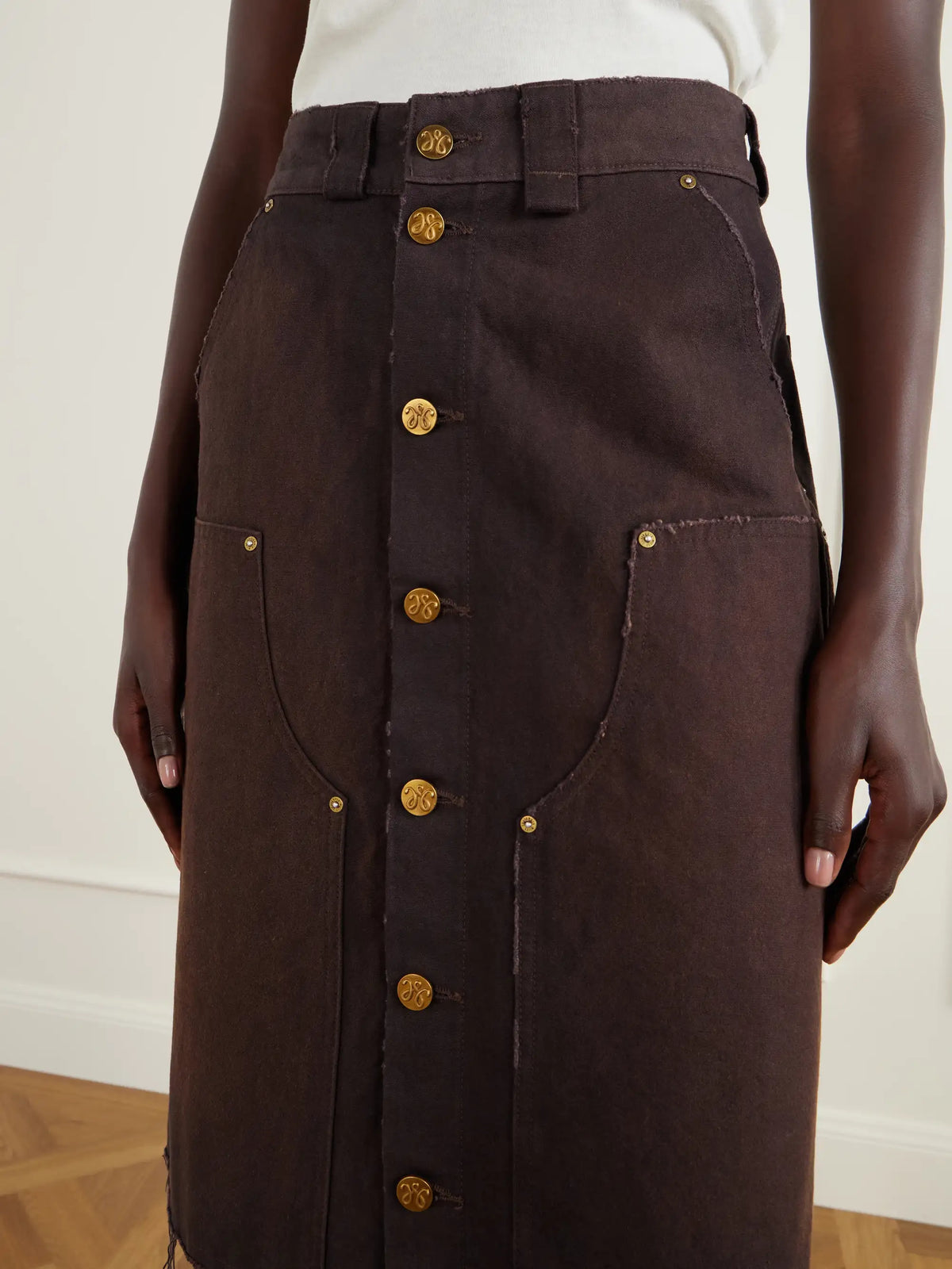 Willy Chavarria Workwear Faded Frayed Cotton Duck-canvas Knee-lenght Skirt