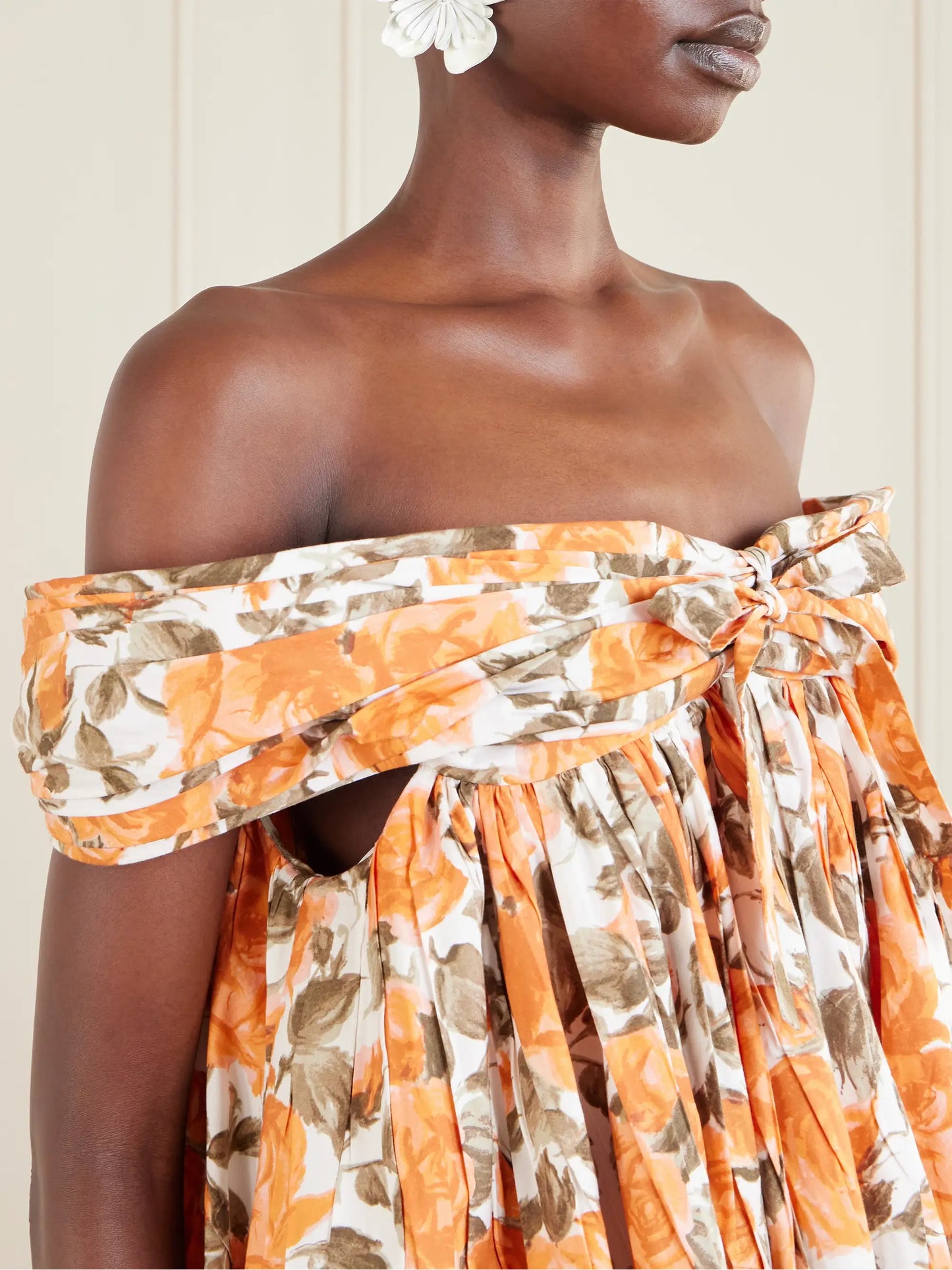 Off-the-shoulder Gathered Floral-print Cotton-poplin Mini Dress