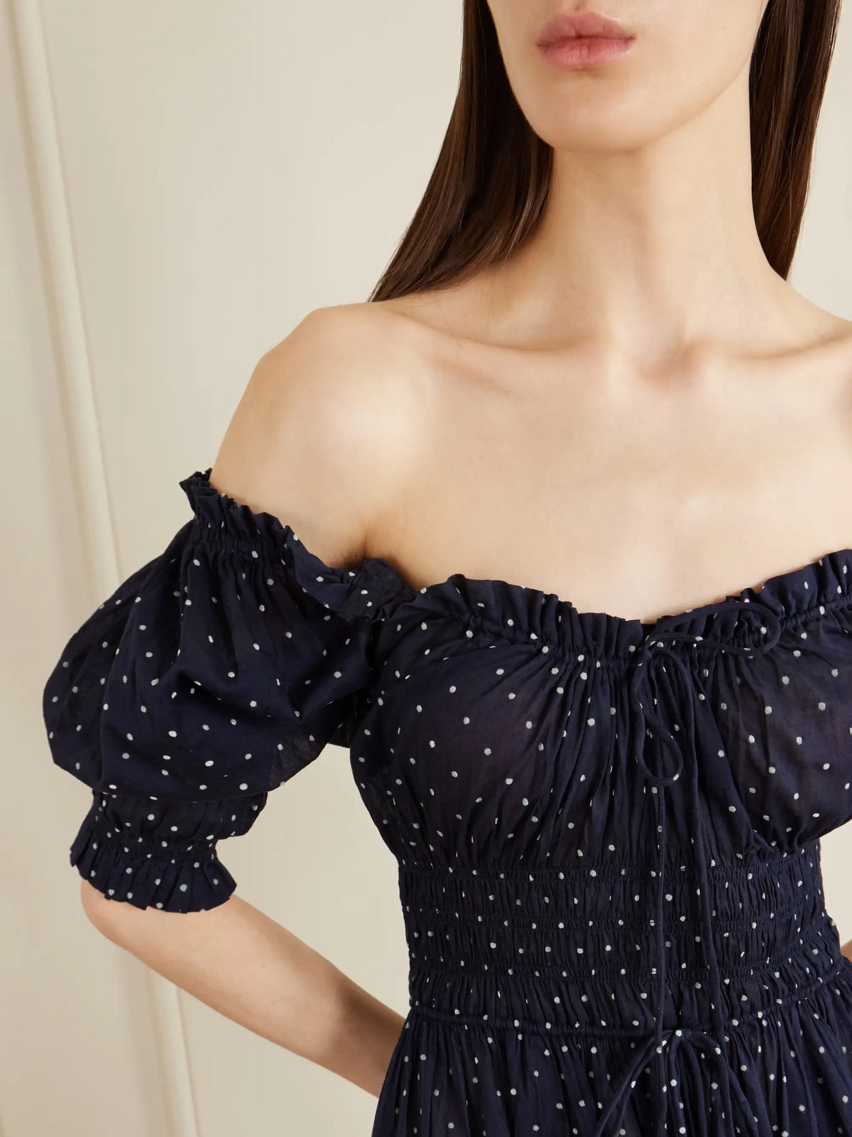 Ischia Shirred Polka-dot Organic Cotton-voile Midi Dress