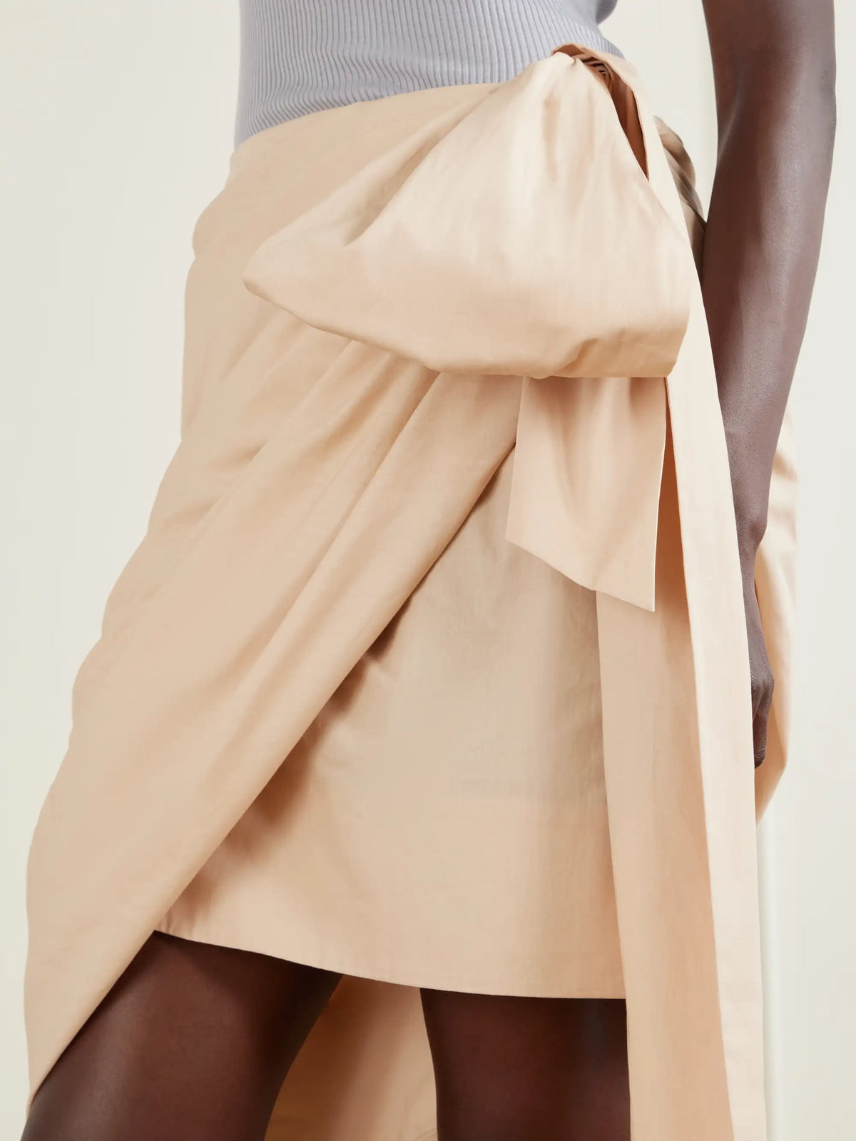 Bow-embellished Draped Cotton Midi Skirt