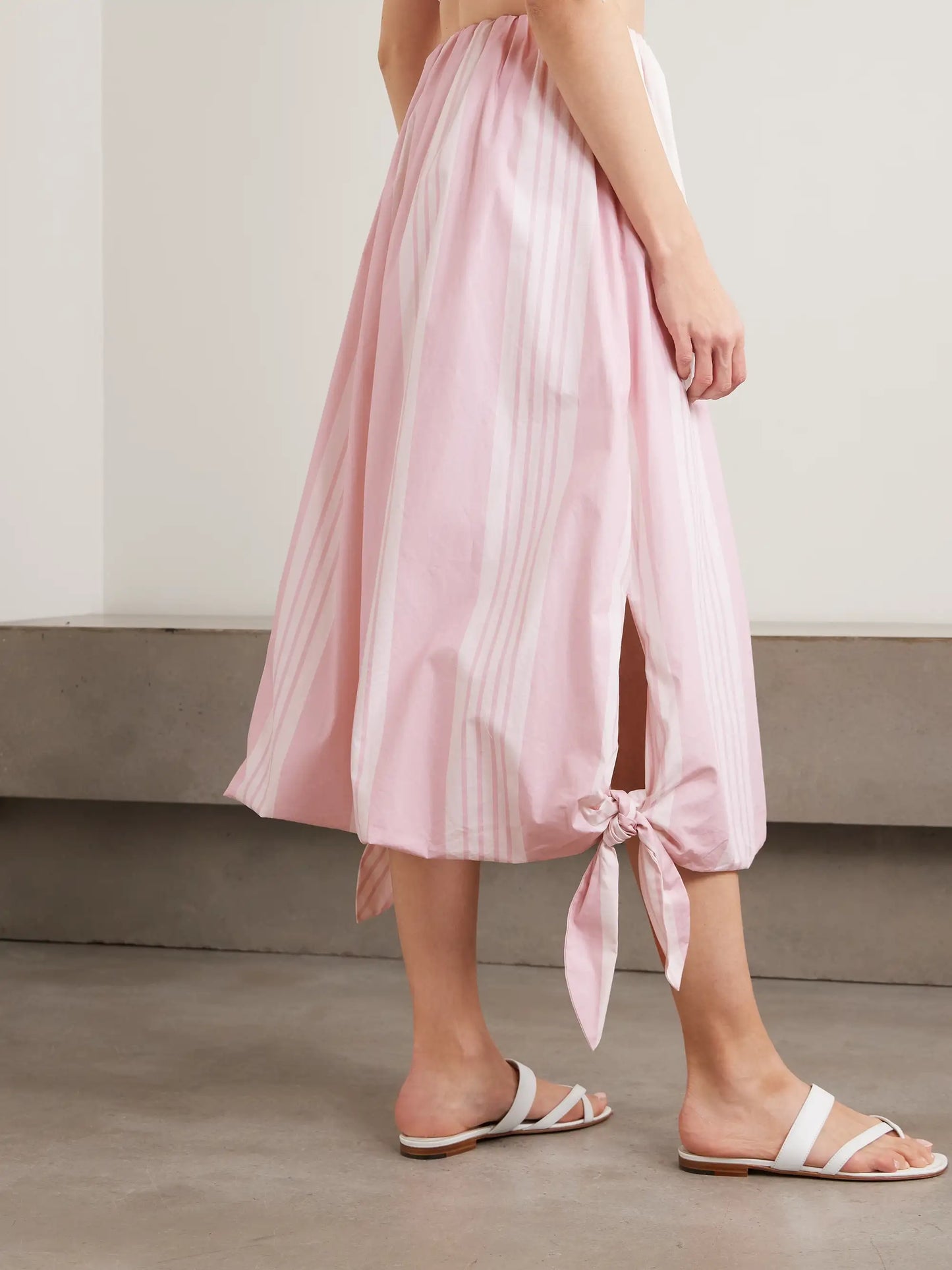 Rose Tie-detailed Striped Cotton Midi Skirt