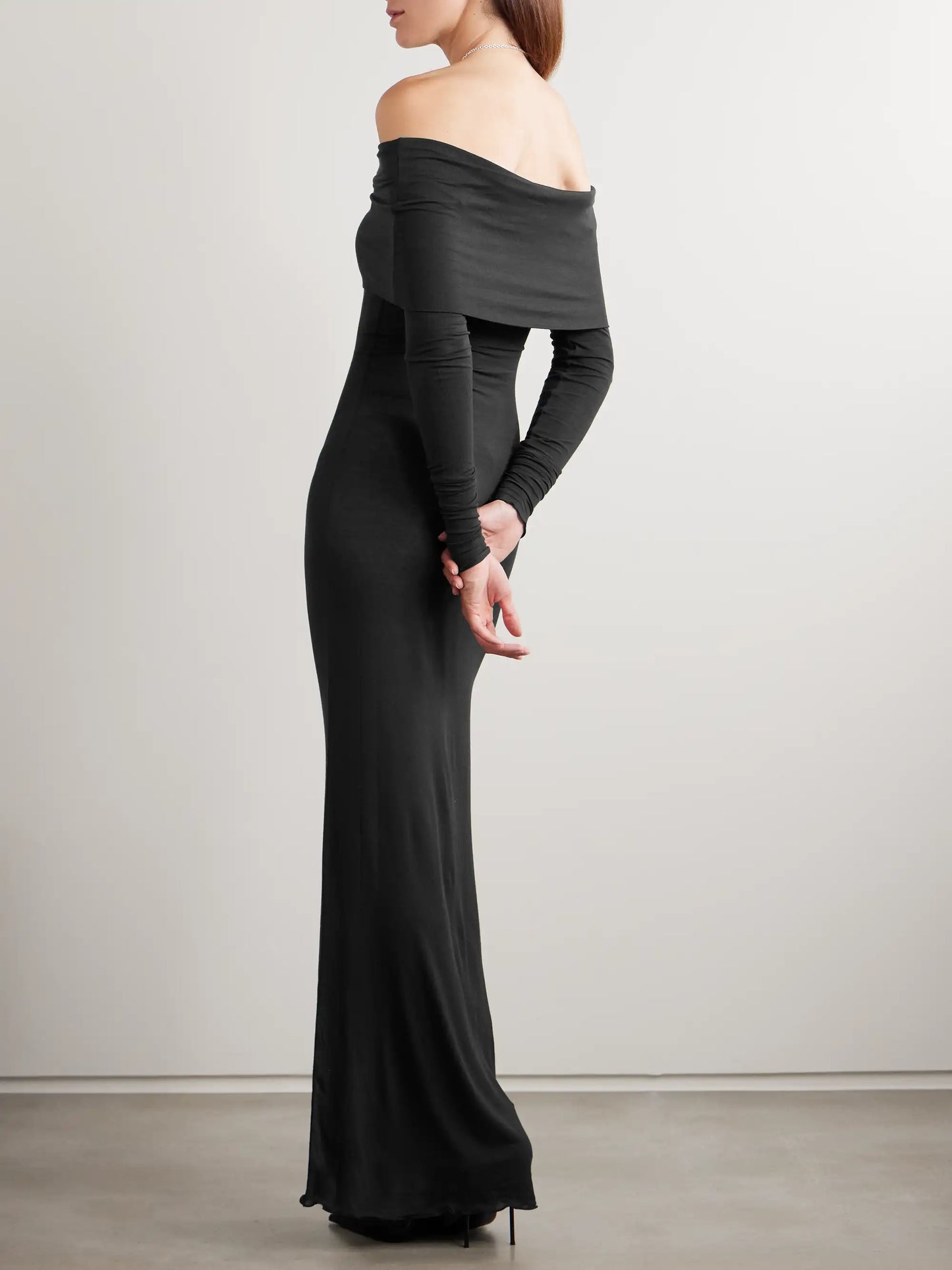 Sheer Modal-blend Off Shoulder Long Dress - Onyx
