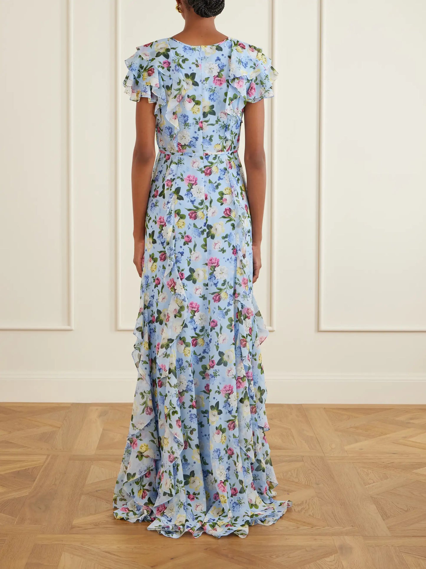 Ruffled Floral-printed Silk Chiffon Gown