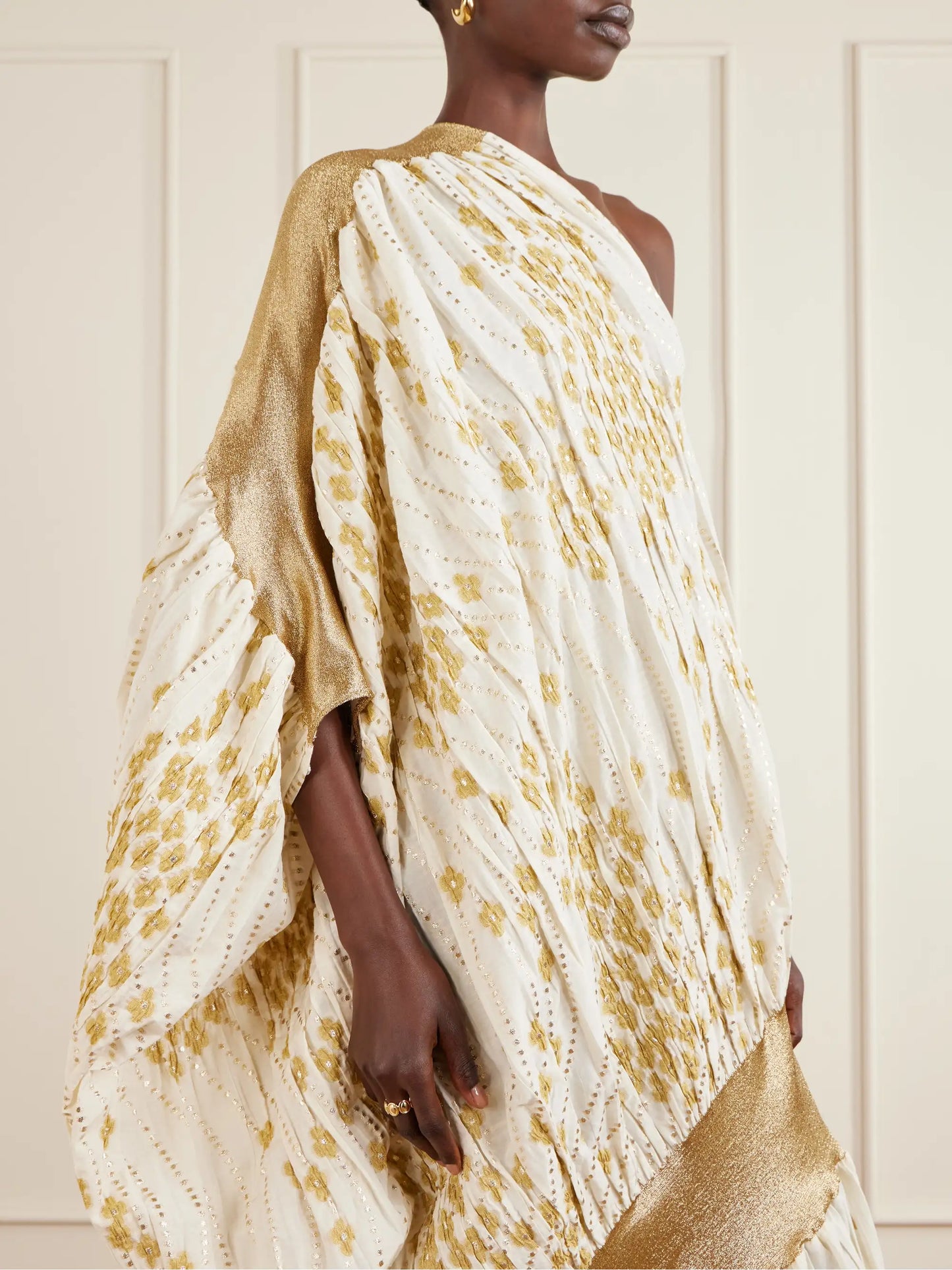 One-shoulder Draped Metallic Fil Coupé Gown