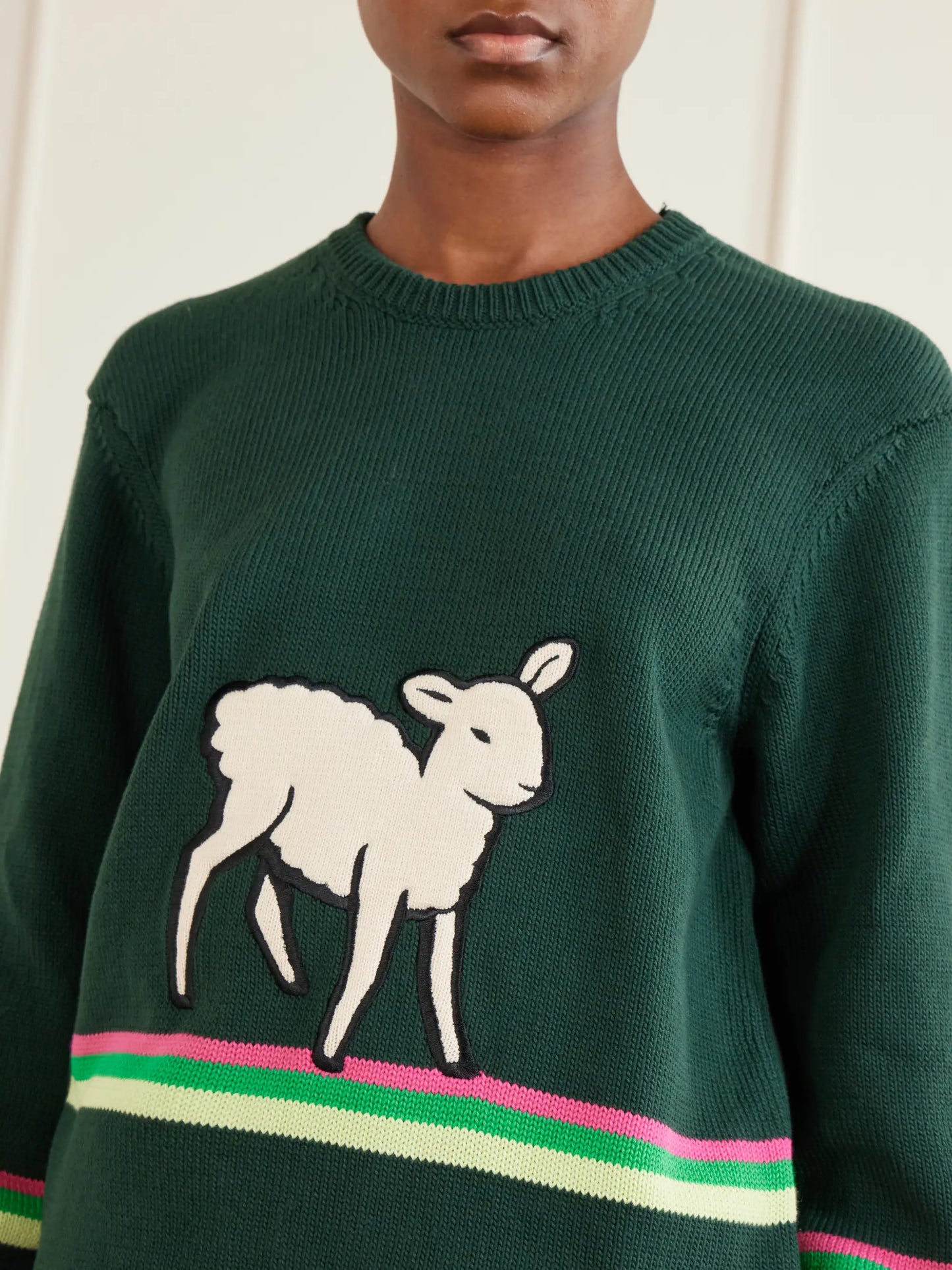 Sheep Embroidered Striped Cotton Sweater