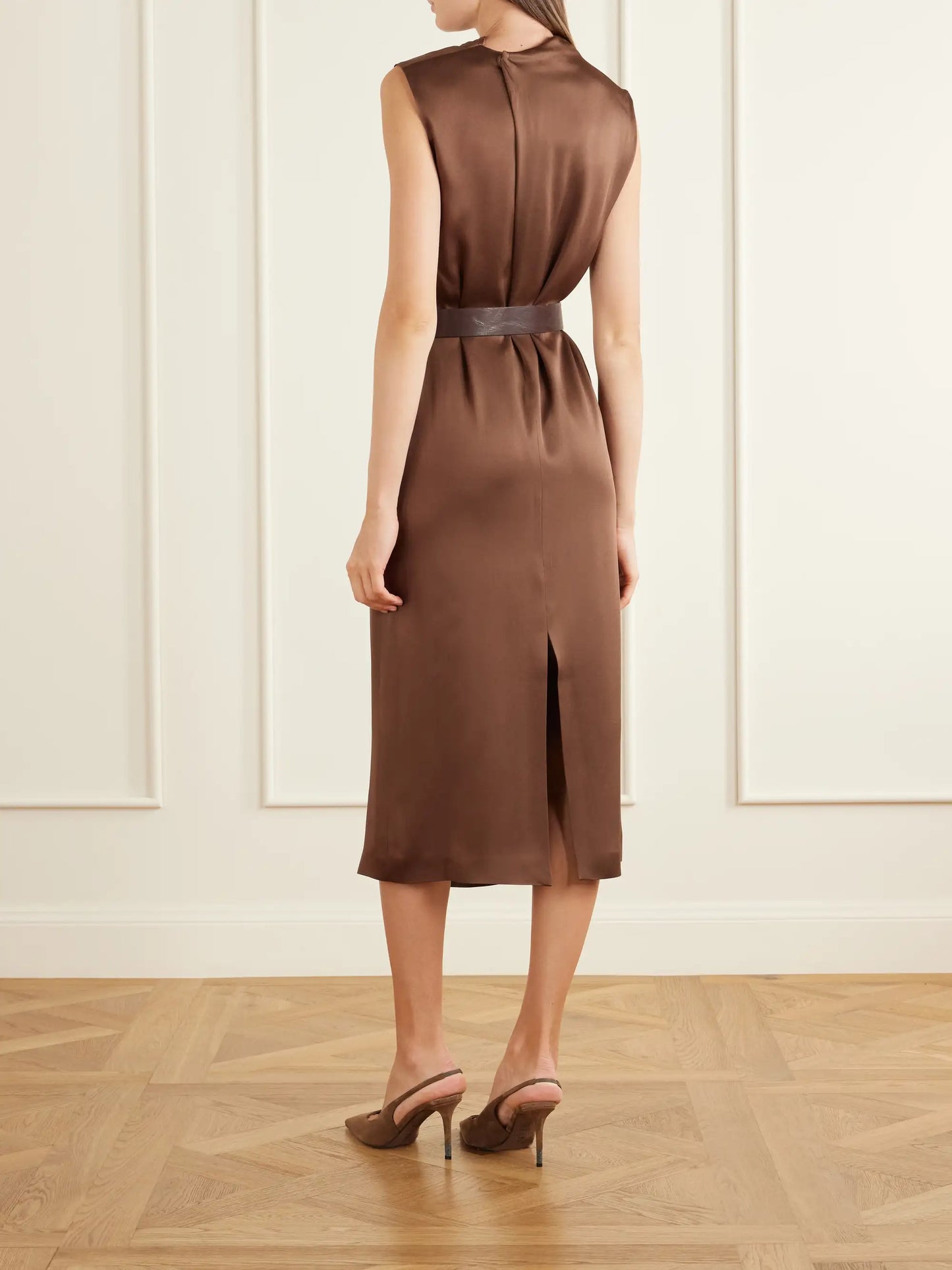 Belted Satin Midi Dress