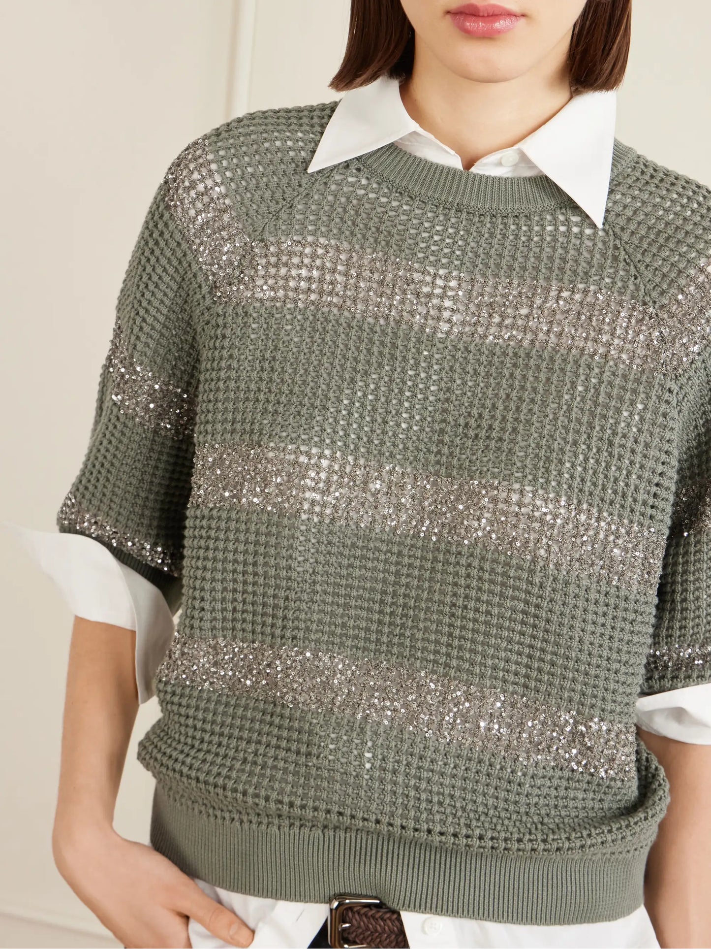 Sequin-embellished Striped Open-knit Cotton Sweater