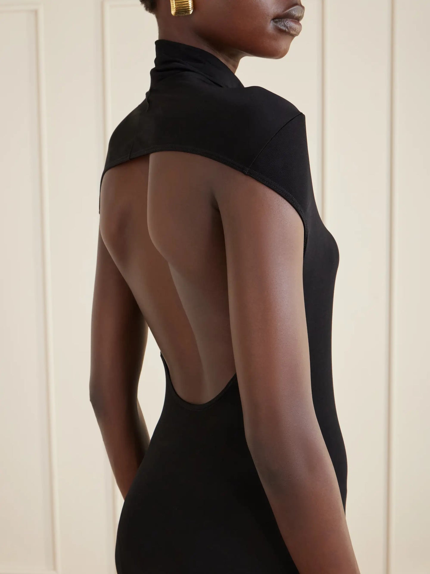 Open-back Jersey Turtleneck Gown
