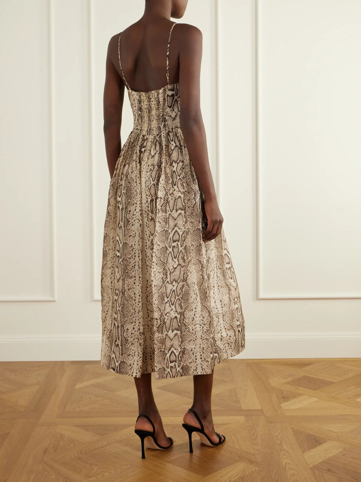Cara Cara Alba Gathered Snake-print Linen And Silk-blend Organza Midi Dress