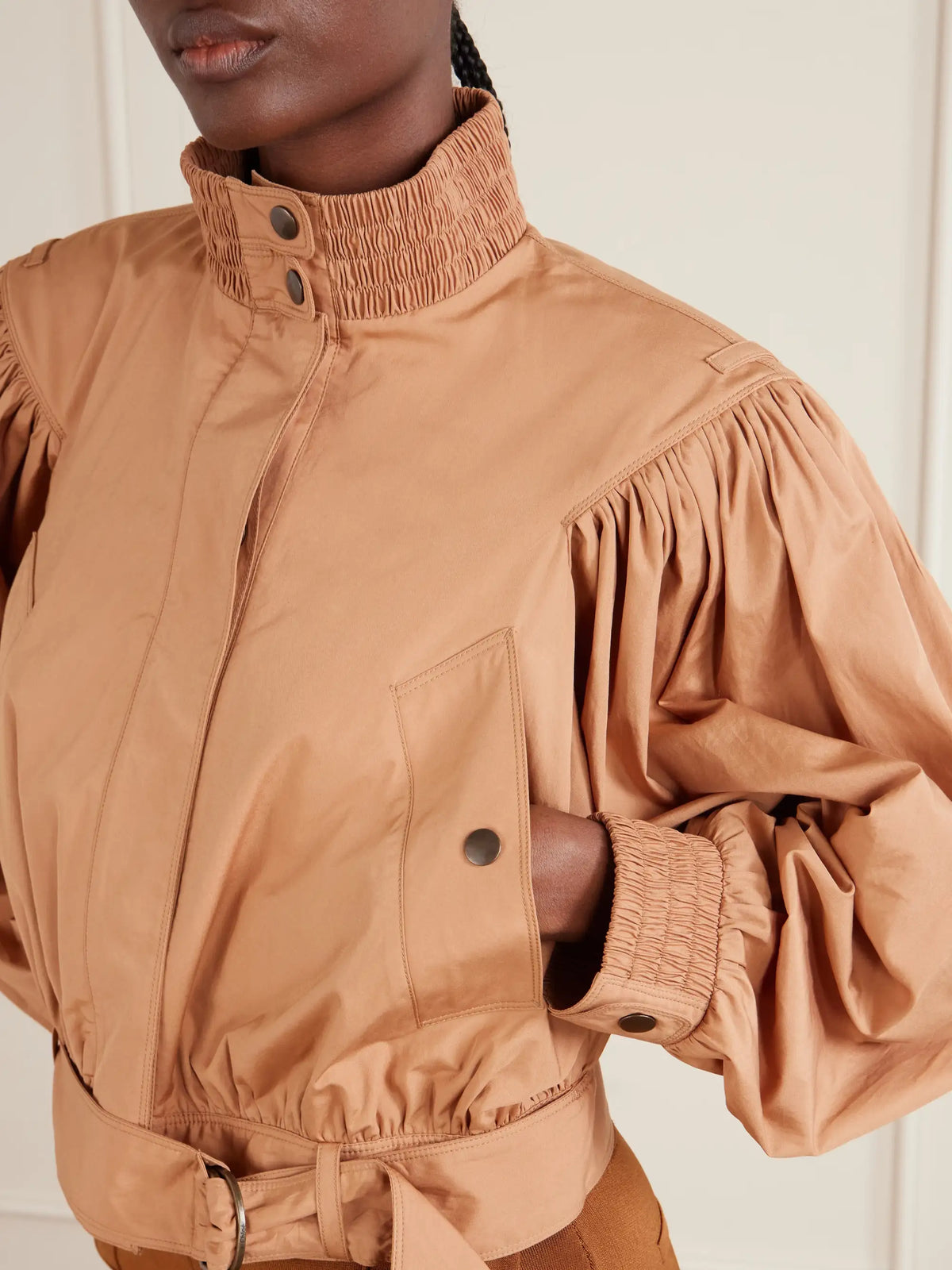 Cropped Belted Gathered Cotton-poplin Jacket