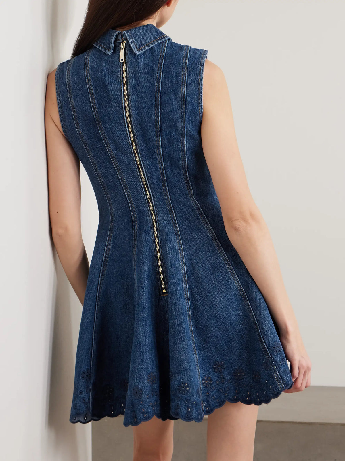 Self-Portrait Paneled Broderie Anglaise Denim Mini Dress