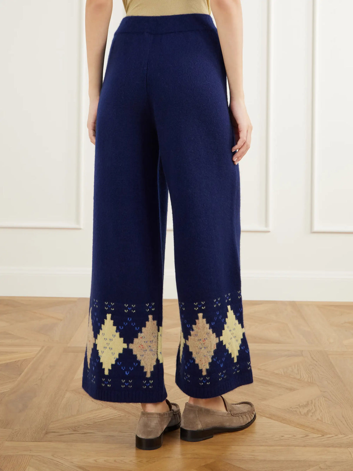 Calle Del Mar Argyle Cashmere Wide-leg Pants