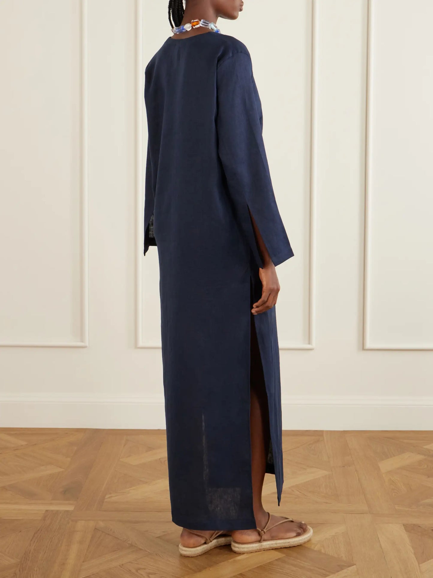 Pearl-embellished Linen Kaftan