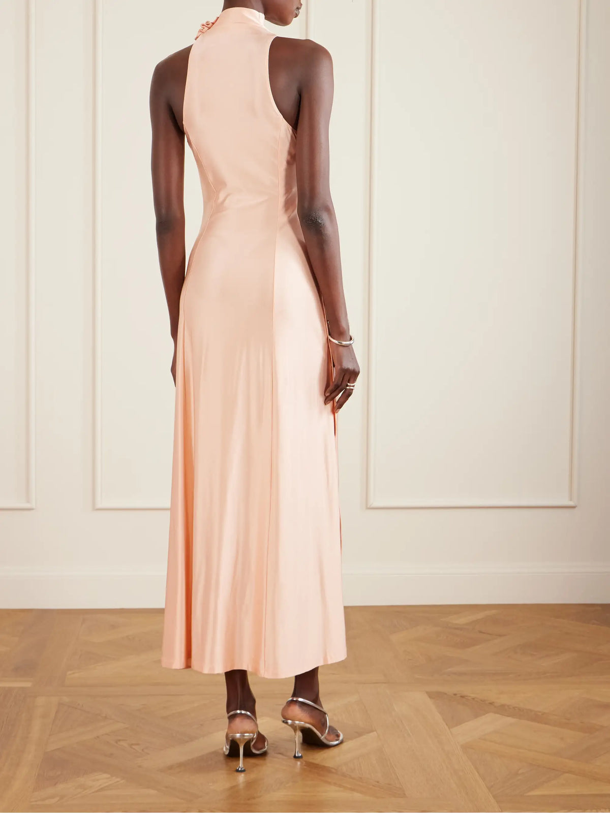 Embellished Gathered Satin Midi Dress